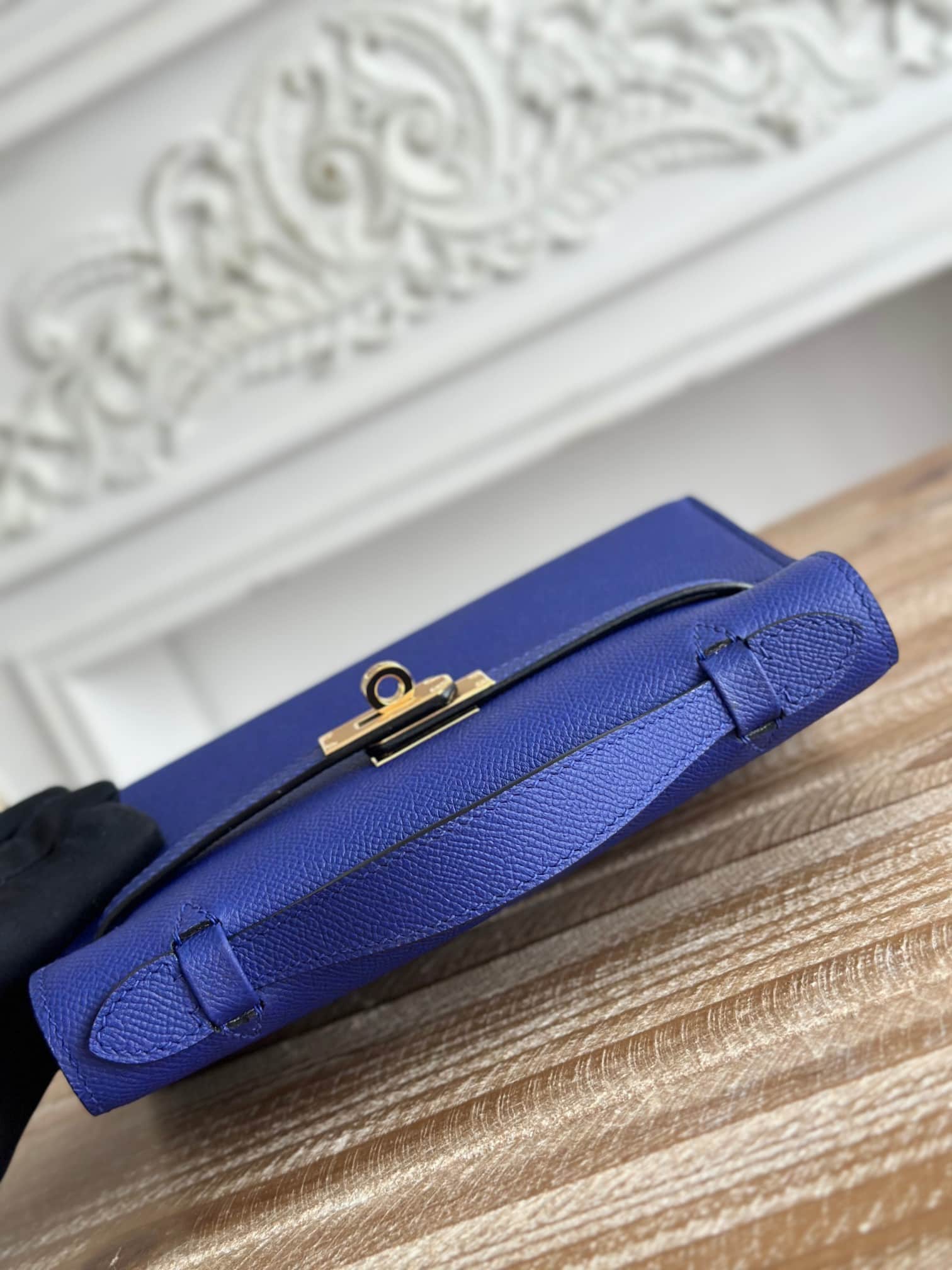 Hermes Kelly Pochette Bag Epsom Leather Silver/Gold Metal Bleu Electric WAX High