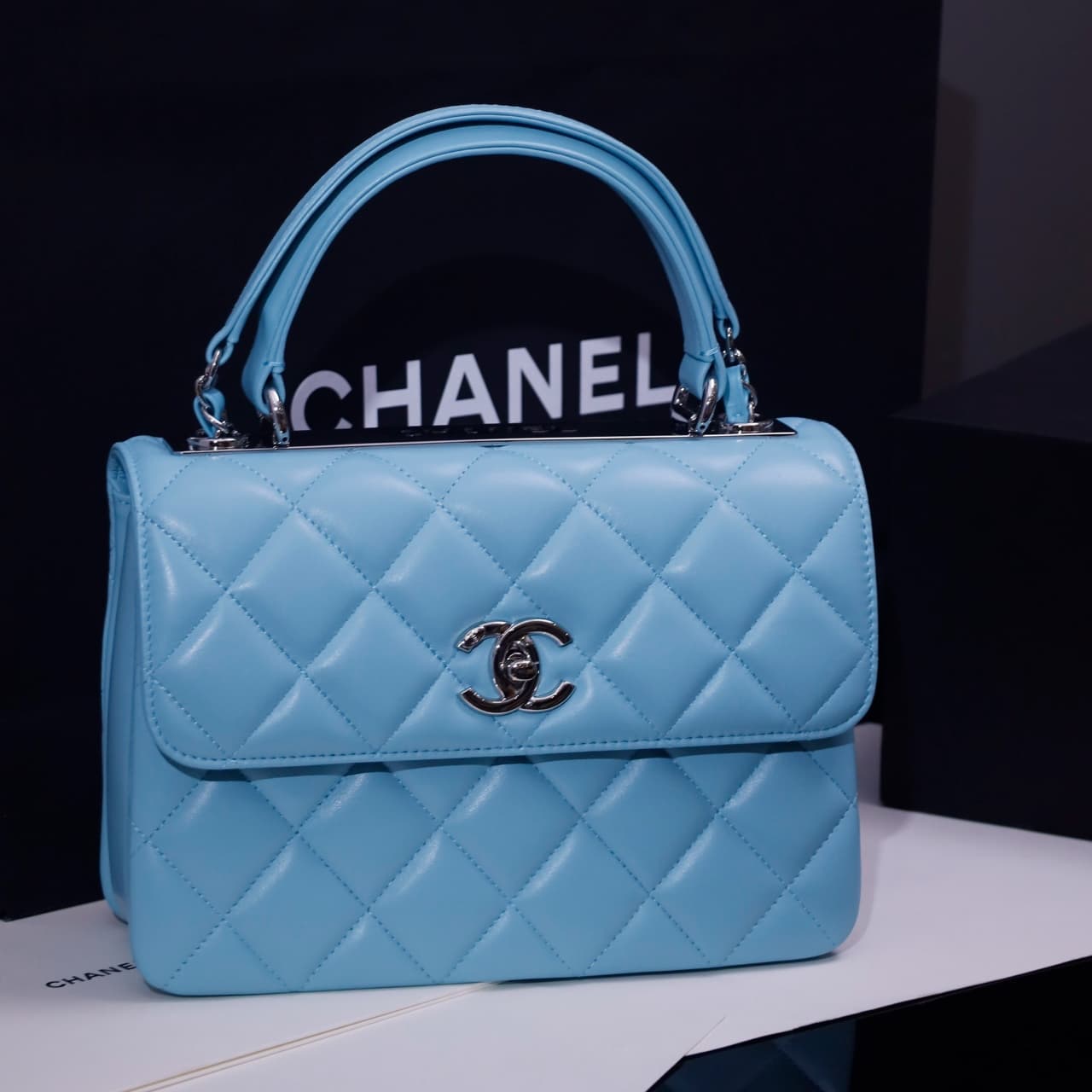 SMALL FLAP BAG WITH TOP HANDLE Lambskin Silver Metal Sky Blue A
