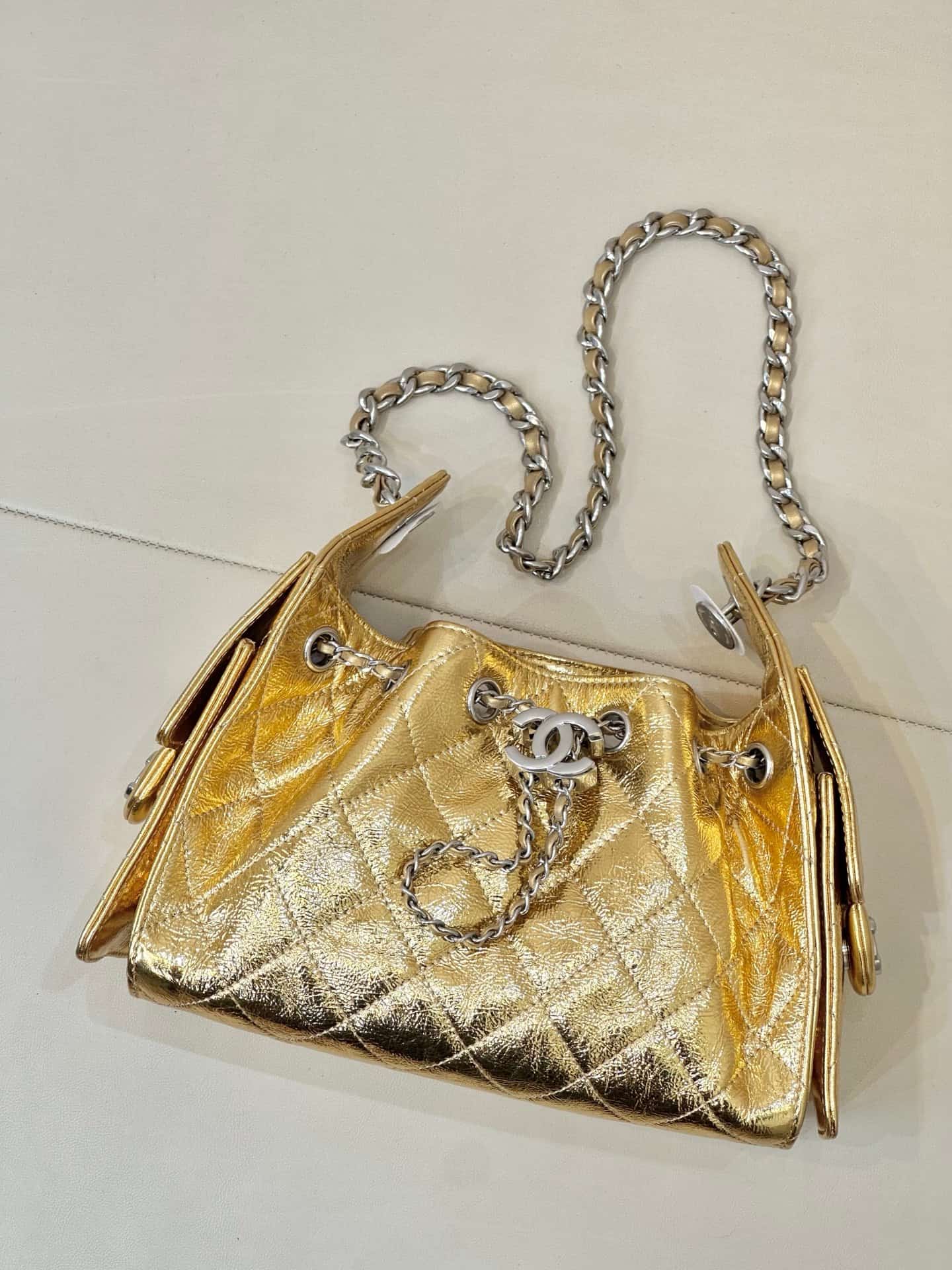 Chanel 25 Mini Hobo handbag AS5631 Metallic Calfskin & Gold-Tone Metal Silver TOP