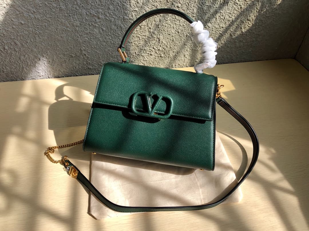 Valentino Small Vsling Handbag In Dark Green Grainy Calfskin High