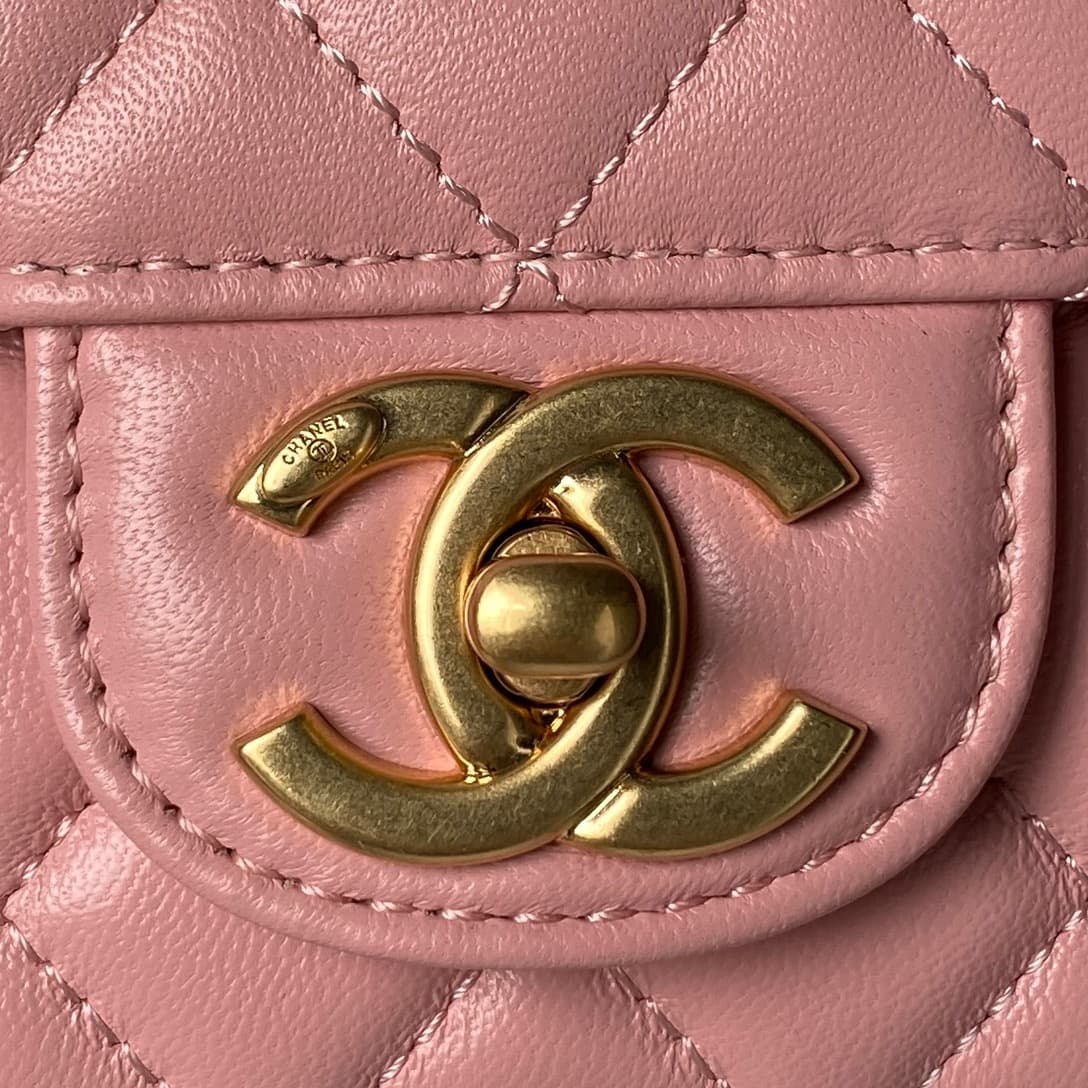 Chanel Mini Flap Bag with Top Handle Lambskin& Gold-tone Metal Light Pink AS5814 A