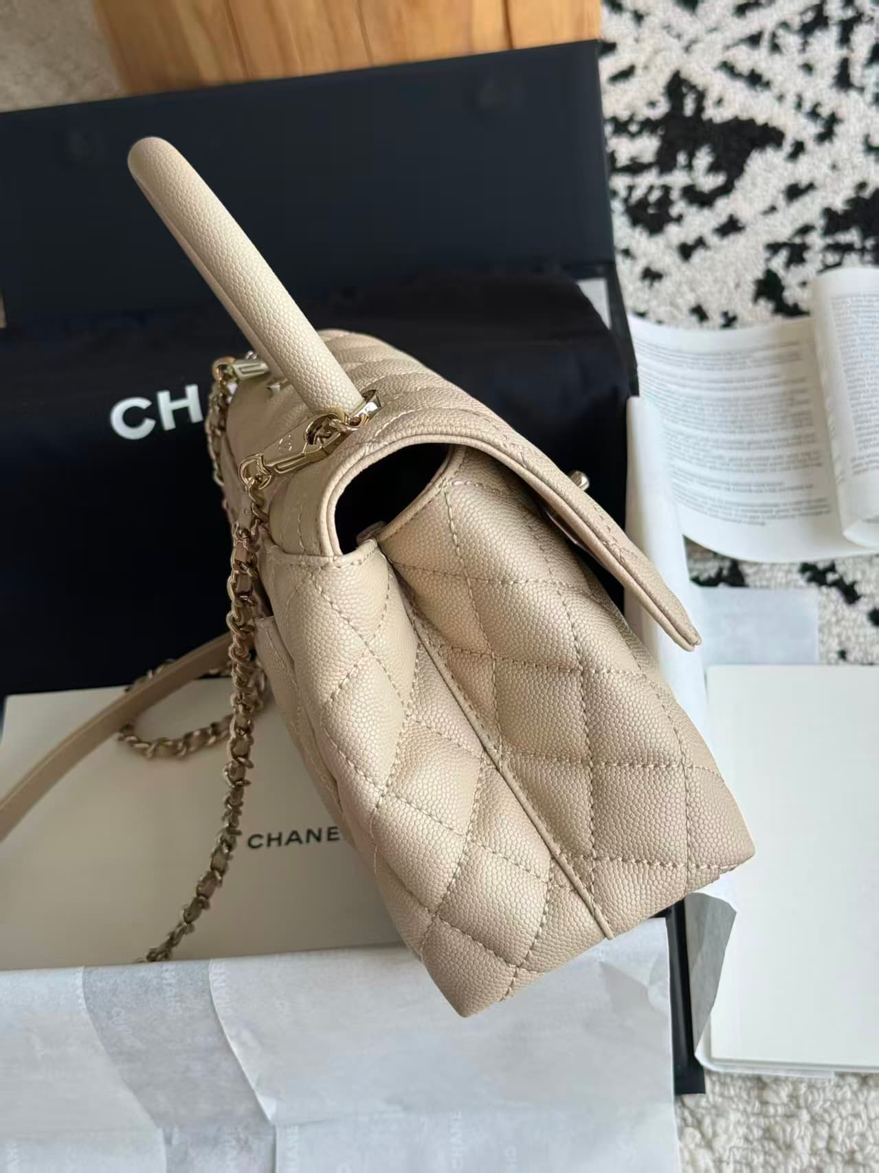 FLAP BAG WITH TOP HANDLE Grained Calfskin & Gold-Tone Metal A92990 Beige TOP