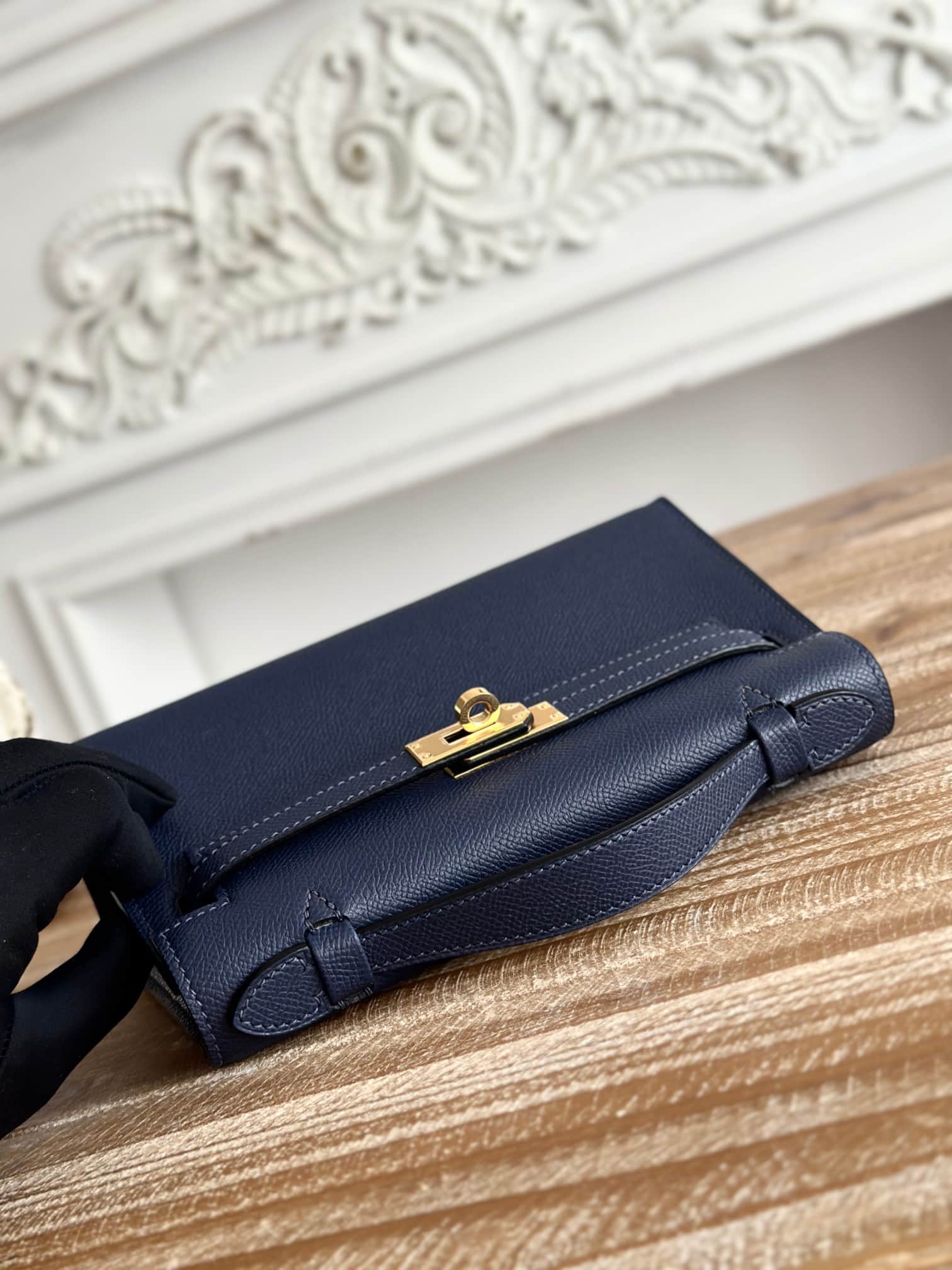 Hermes Kelly Pochette Bag Epsom Leather Silver/Gold Metal Bleu Saphir WAX High