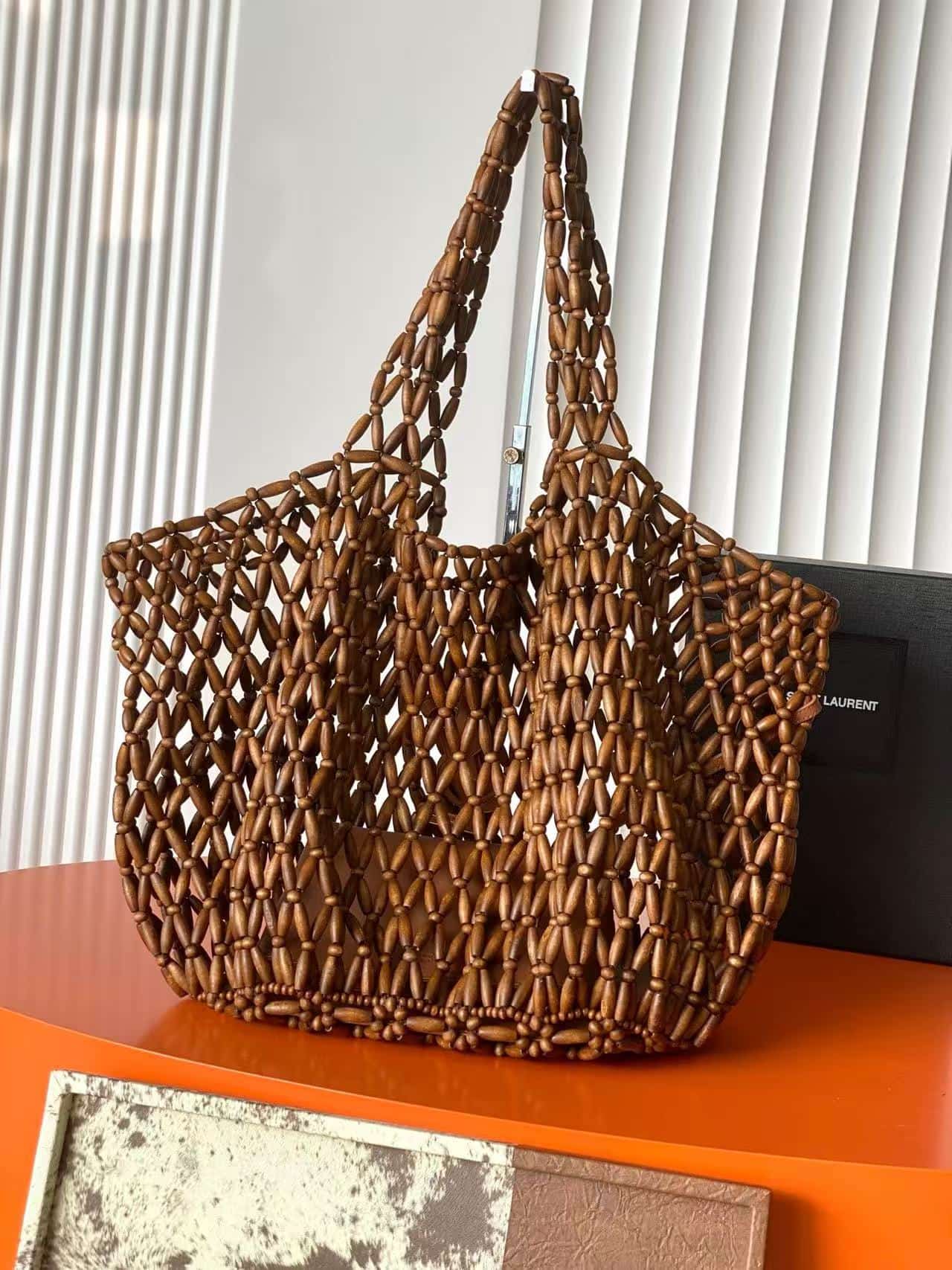 SAINT LAURENT ICARE MEDIUM IN WOOD BEADS LIGHT WOOD AND BRICK High