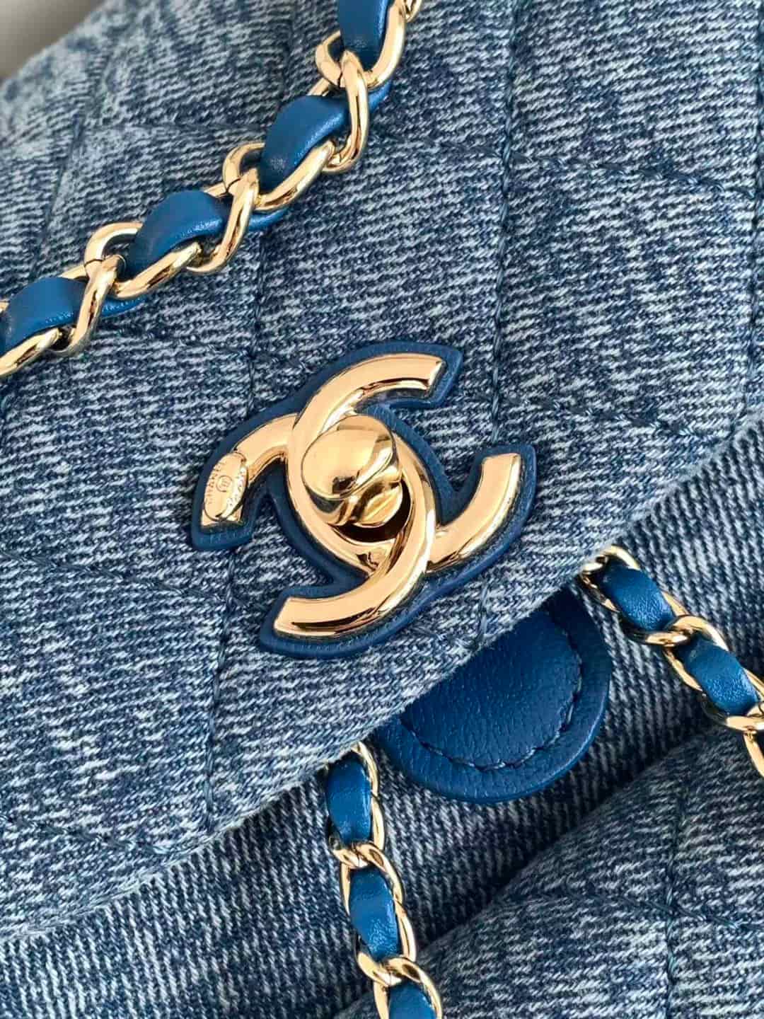 Chanel Small Backpack Washed Denim & Gold-Tone Metal Blue AS2908 A