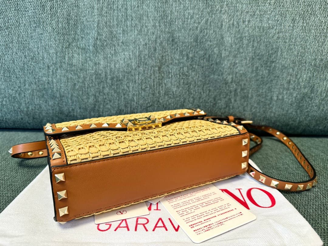 Valentino Garavani Small Rockstud Raffia Shoulder Bag Beige High
