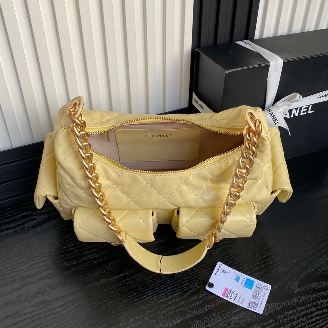 Chanel Trendy Pockets Hobo Bag Lambskin & Gold Metal Yellow AS5302 A