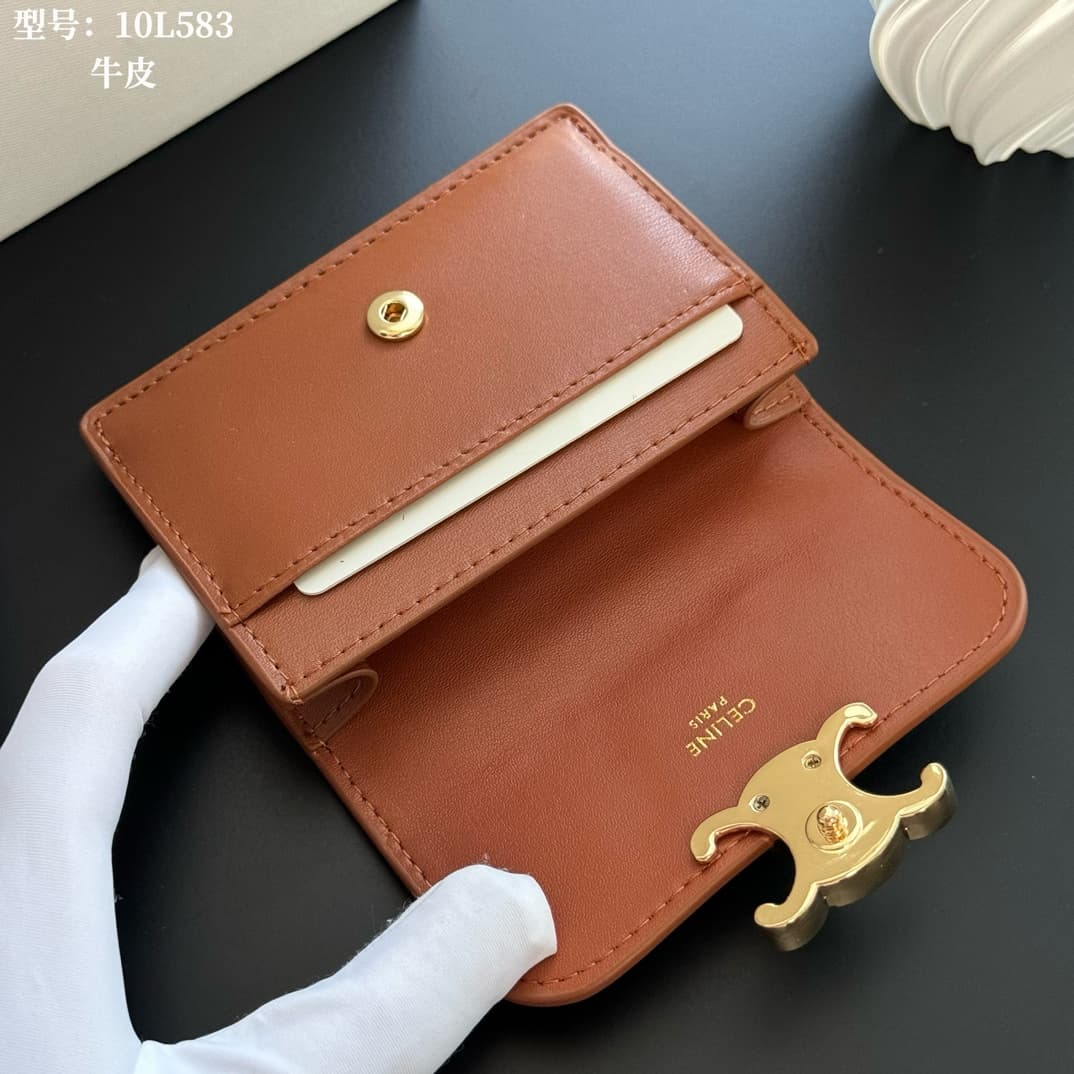Celine Triomphe Flap Card Holder in shiny Caramel calfskin High