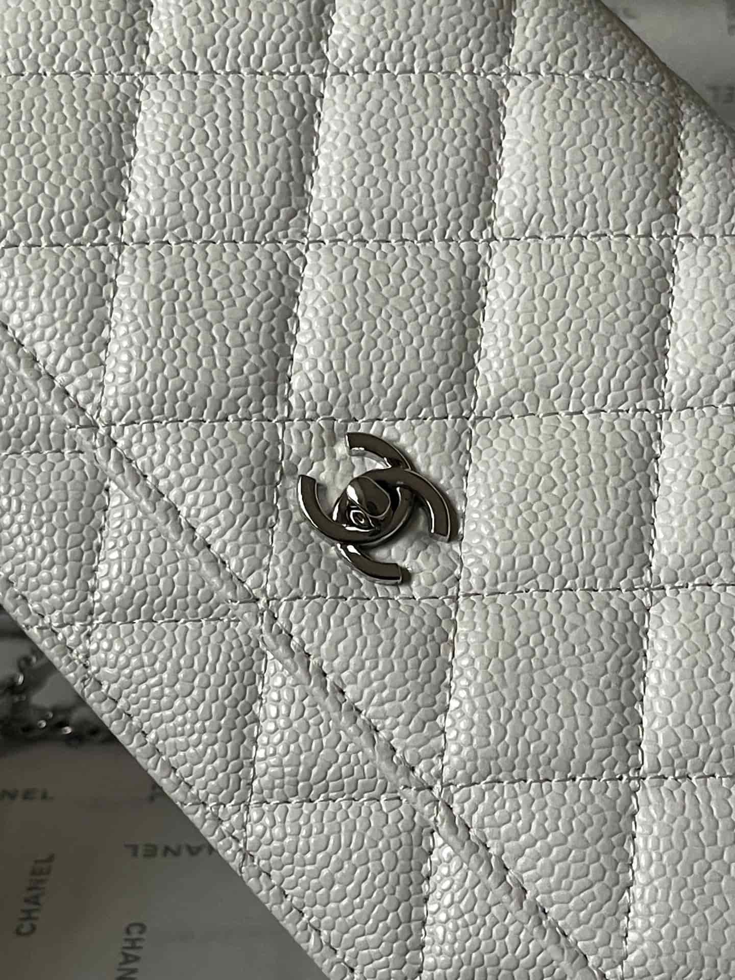 Chanel Classic Wallet on Chain Grained Shiny Calfskin & Silver-Tone Metal AP4241 White A
