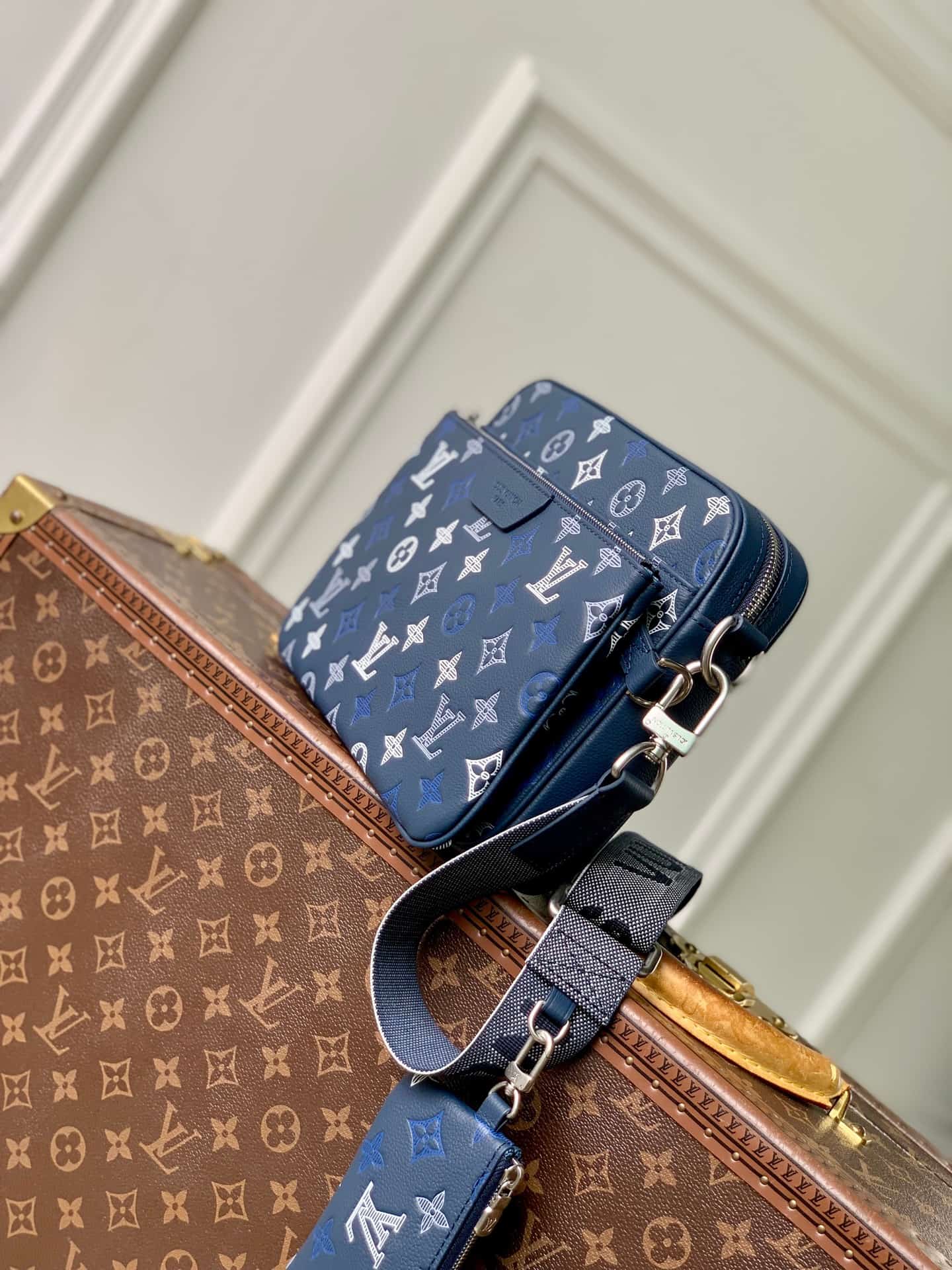 Louis Vuitton Trio Messenger Navy Blue Monogram Shadow calfskin leather M28618 High