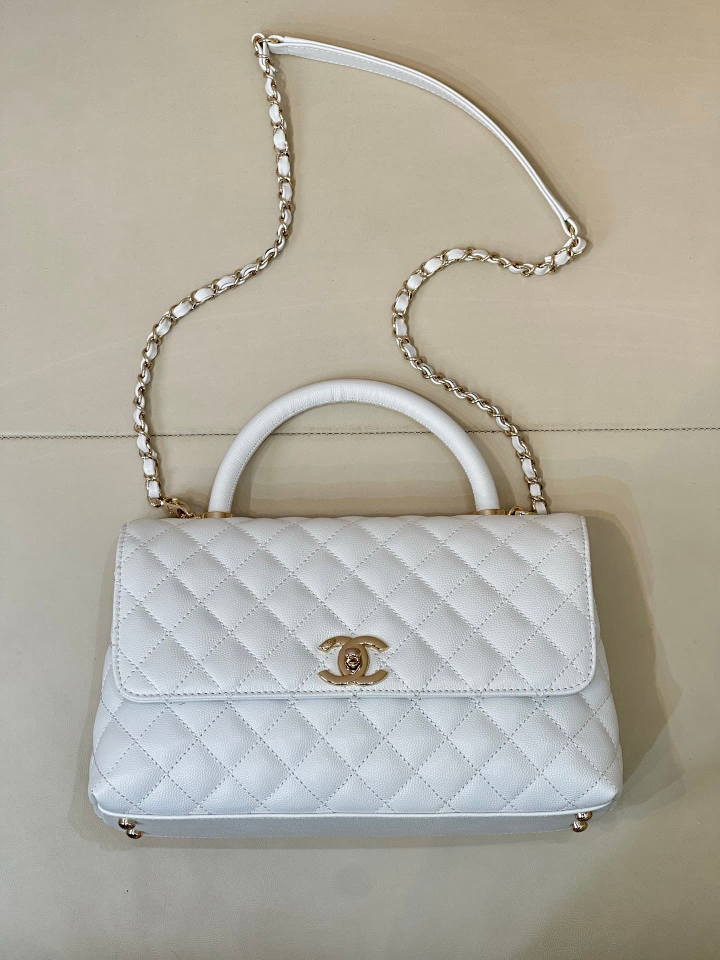 Chanel Medium FLAP BAG WITH TOP HANDLE Grained Calfskin Gold Metal A92991 TOP