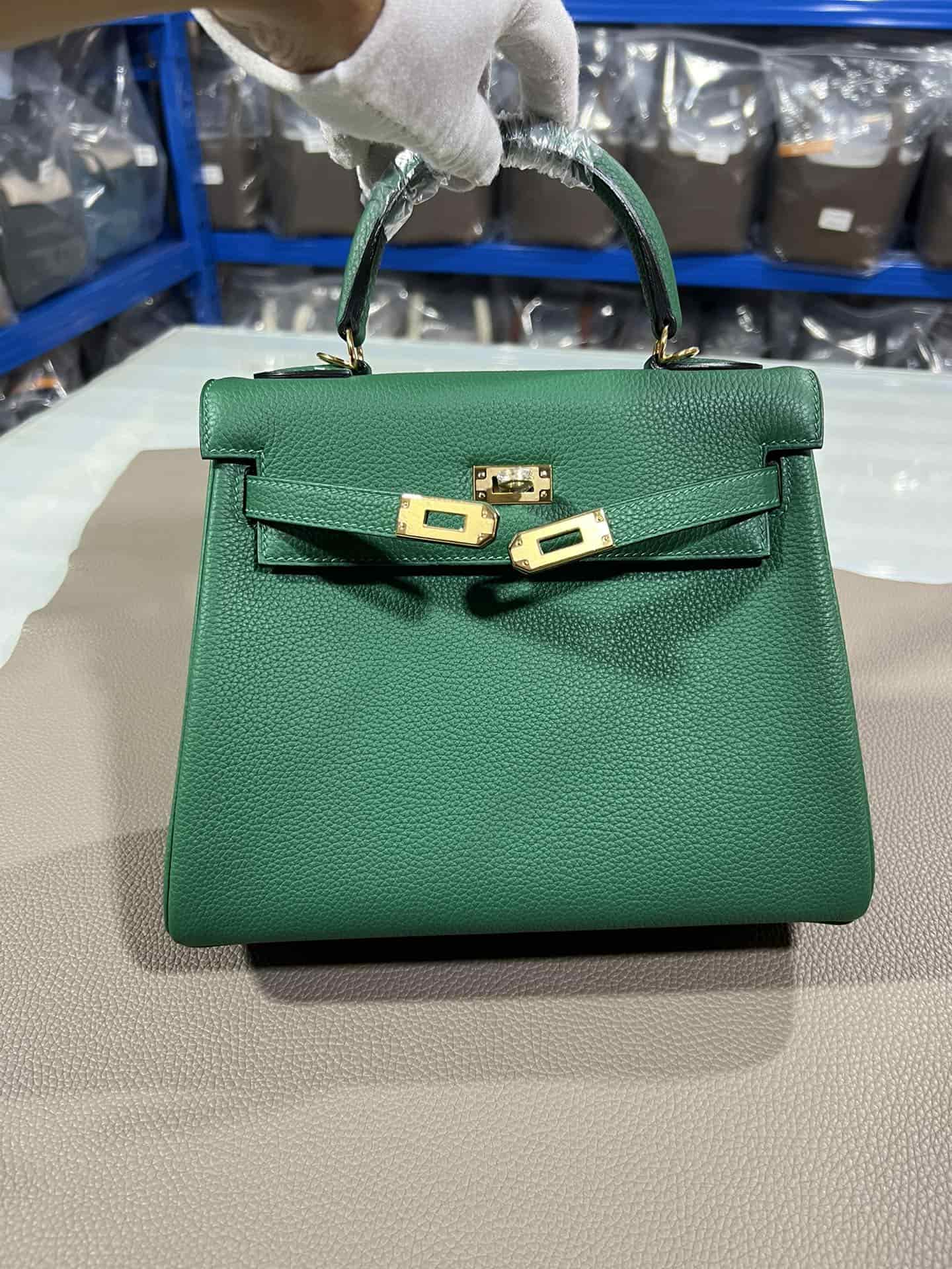 Hermes Kelly 25/28/32cm Retourne Bag Togo Leather In Malachite WAX High