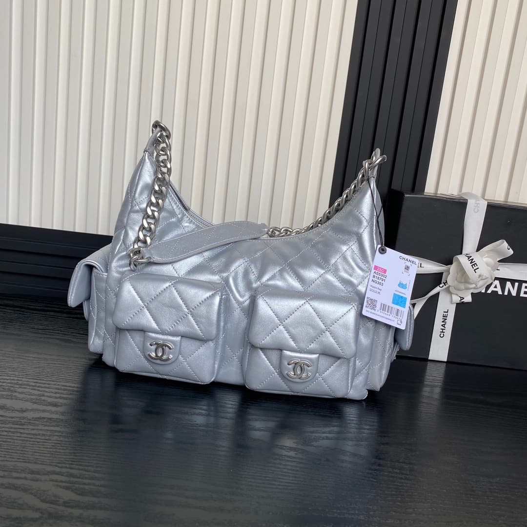 Chanel Trendy Pockets Hobo Bag Lambskin & Silver Metal Silver AS5302 A