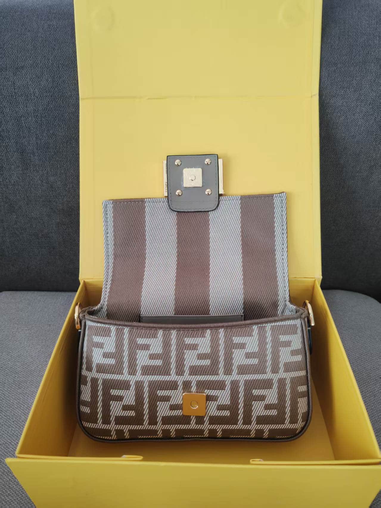 MINI BAGUETTE FF jacquard fabric bag gray High