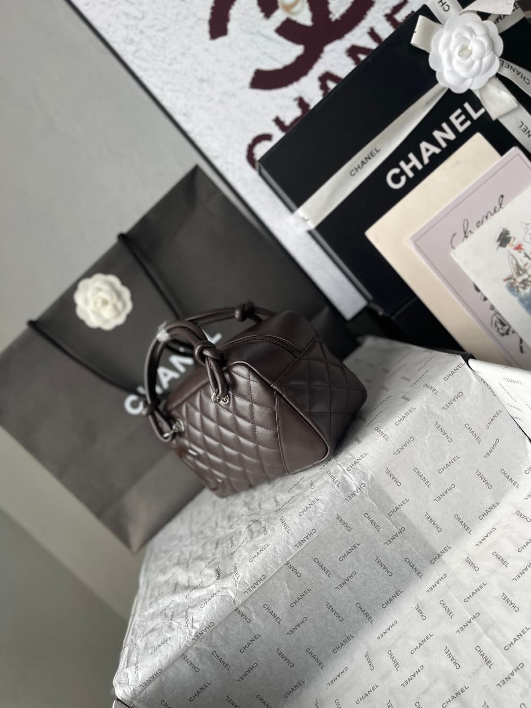 Chanel Cambon Ligne Bowler bag Calfskin & Silver-Tone Metal AS25172 Dark Brown High
