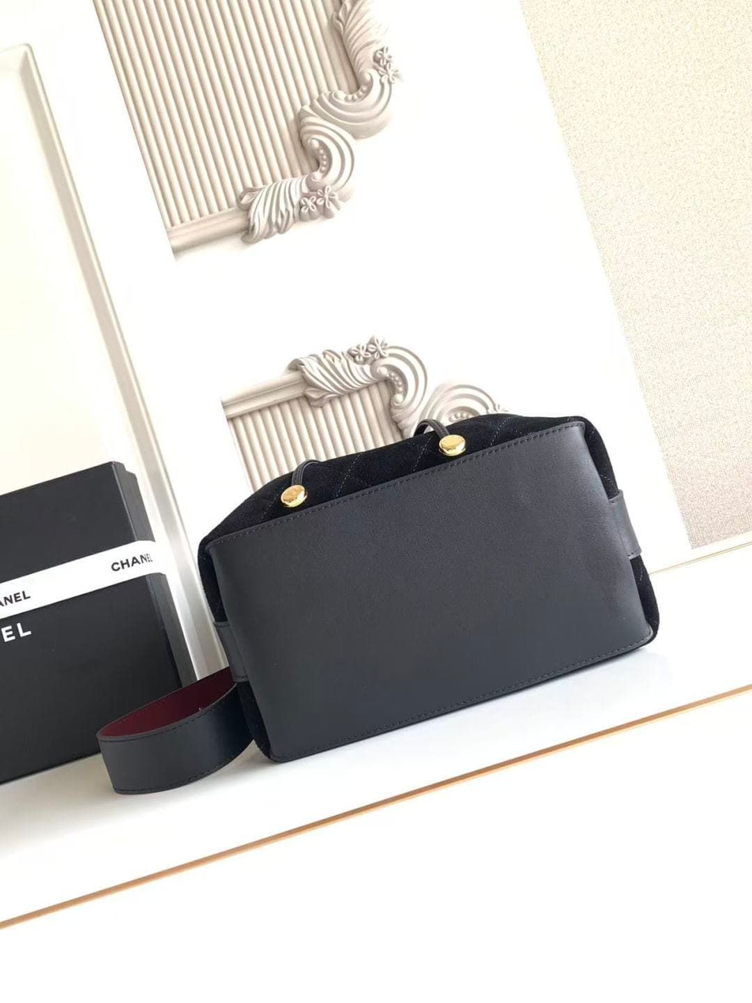 Chanel Small Bucket Bag Suede Calfskin & Gold-Tone Metal Black AS6584 A