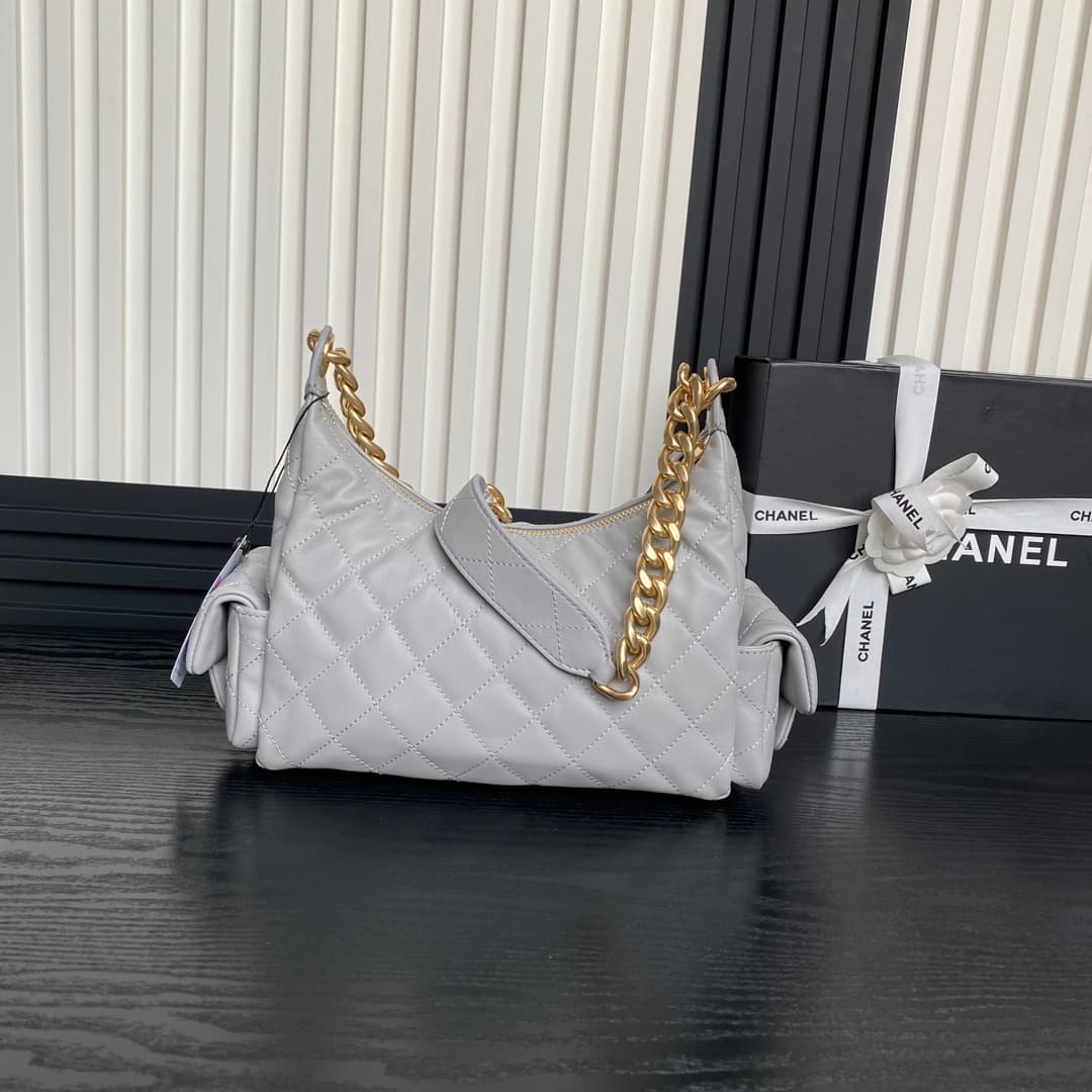 Chanel Trendy Pockets Hobo Bag Lambskin & Gold Metal Grey AS5339 A