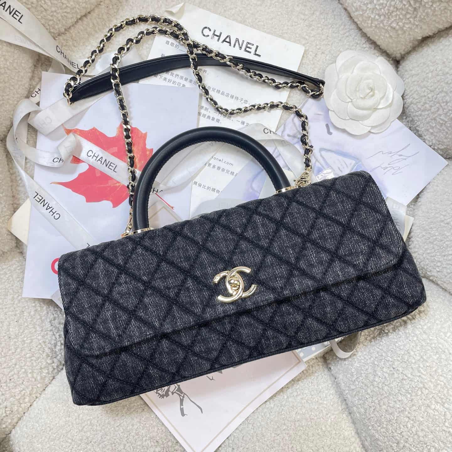 Chanel Maxi Flap Bag with Top Handle Washed Denim& Gold-Tone Metal AS6091 Black A