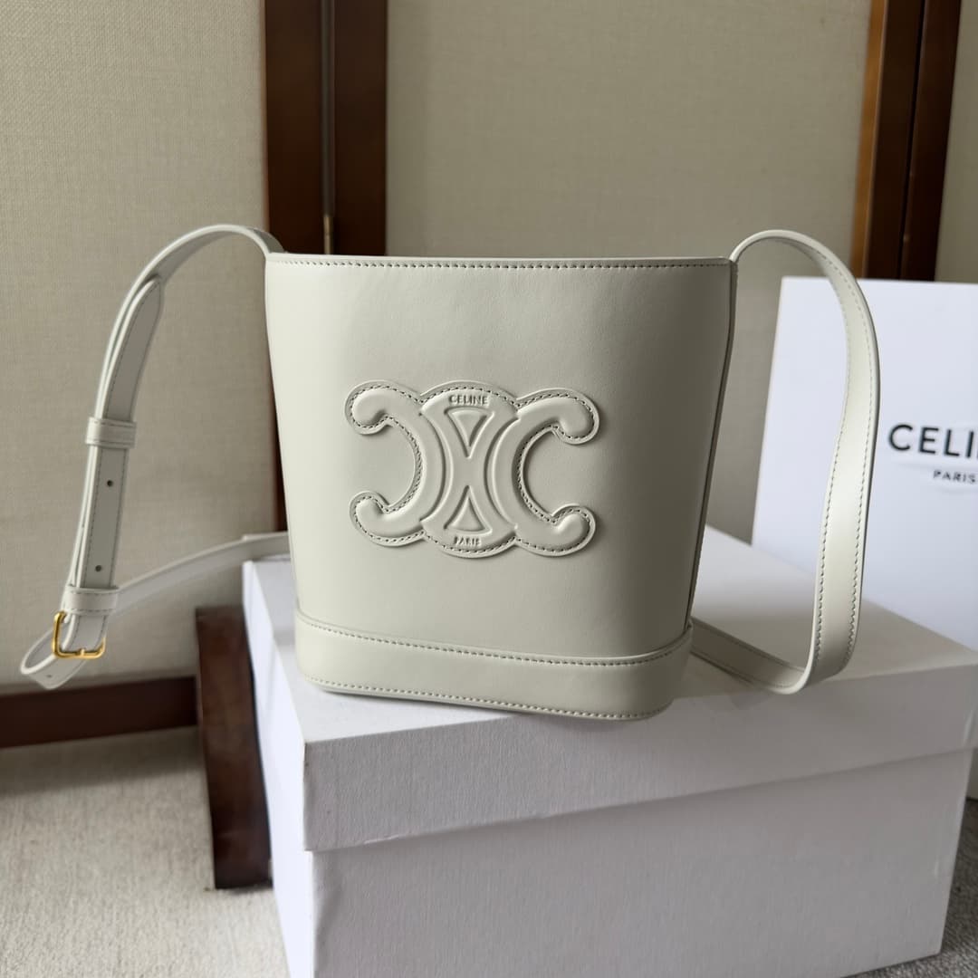 CELINE Small Bucket Bag in White Smooth Calfskin Leather High