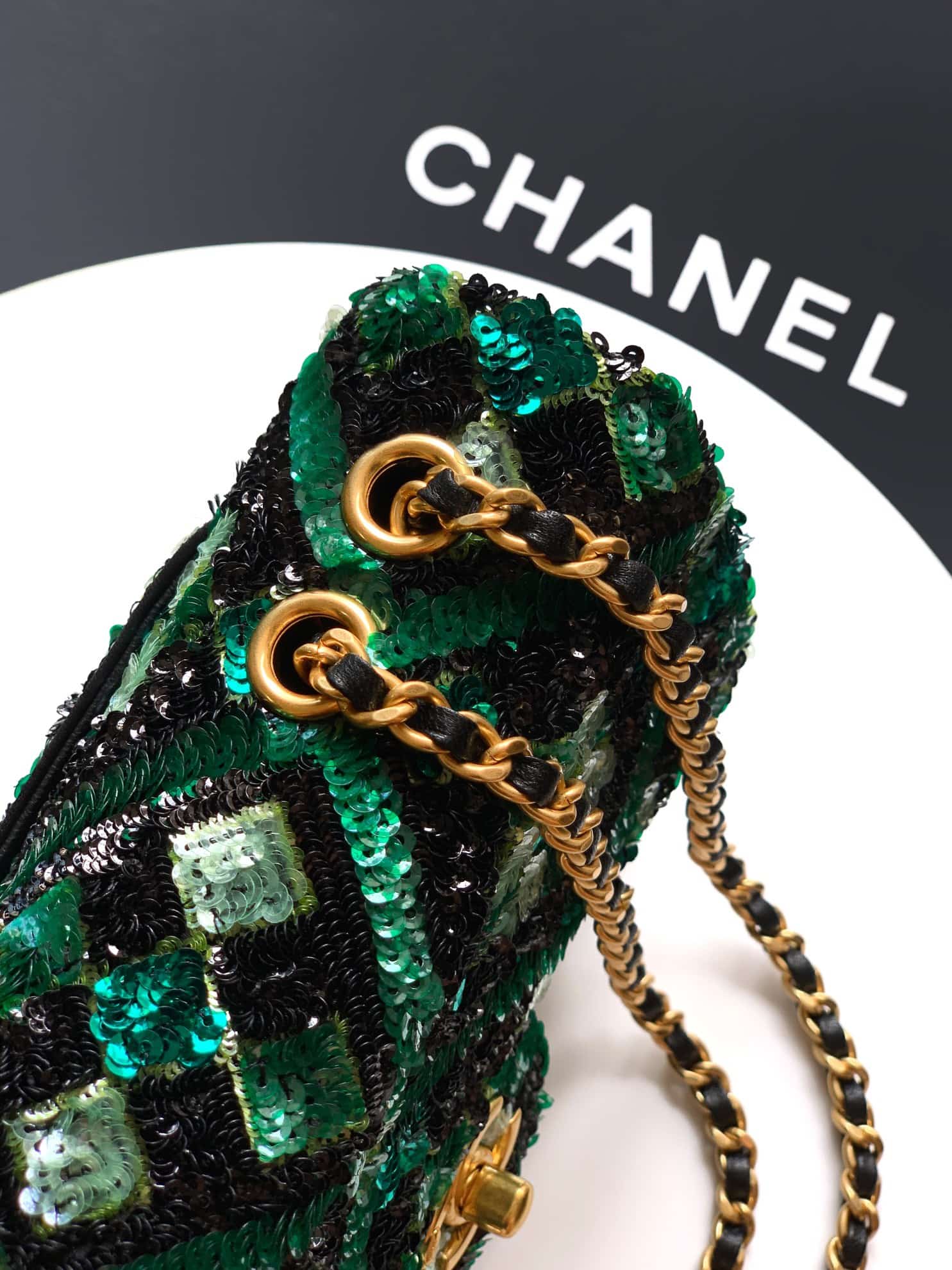 Chanel Classic Mini Flap Bag Sequins Embroidery & Gold-Tone Metal Green 6171 A