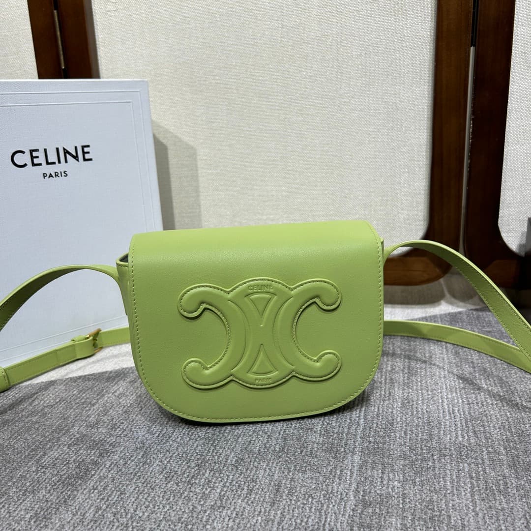 CELINE Folco Cuir Triomphe Shoulder Bag in Green Calfskin Leather High