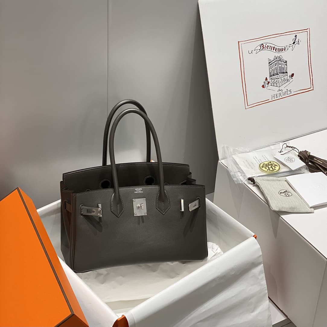 Hermes Shoulder Birkin 29 Swift leather Silver Metal WAX High