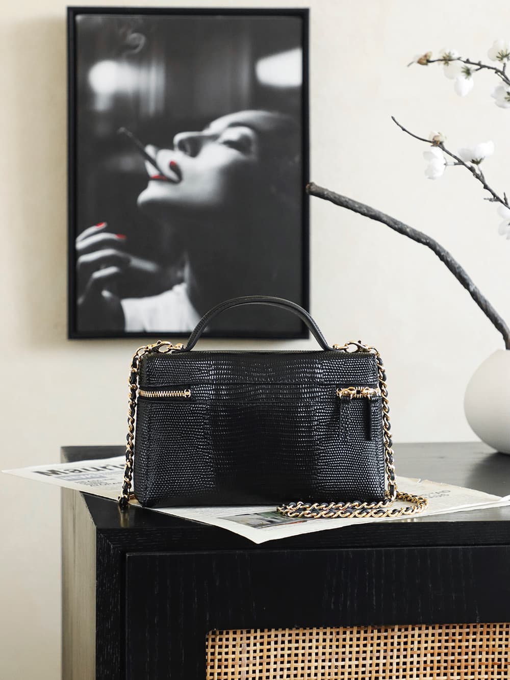 Chanel Small Vanity with chain Lizard Embossed Calfskin & Gold-Tone Metal Black AS5195 A