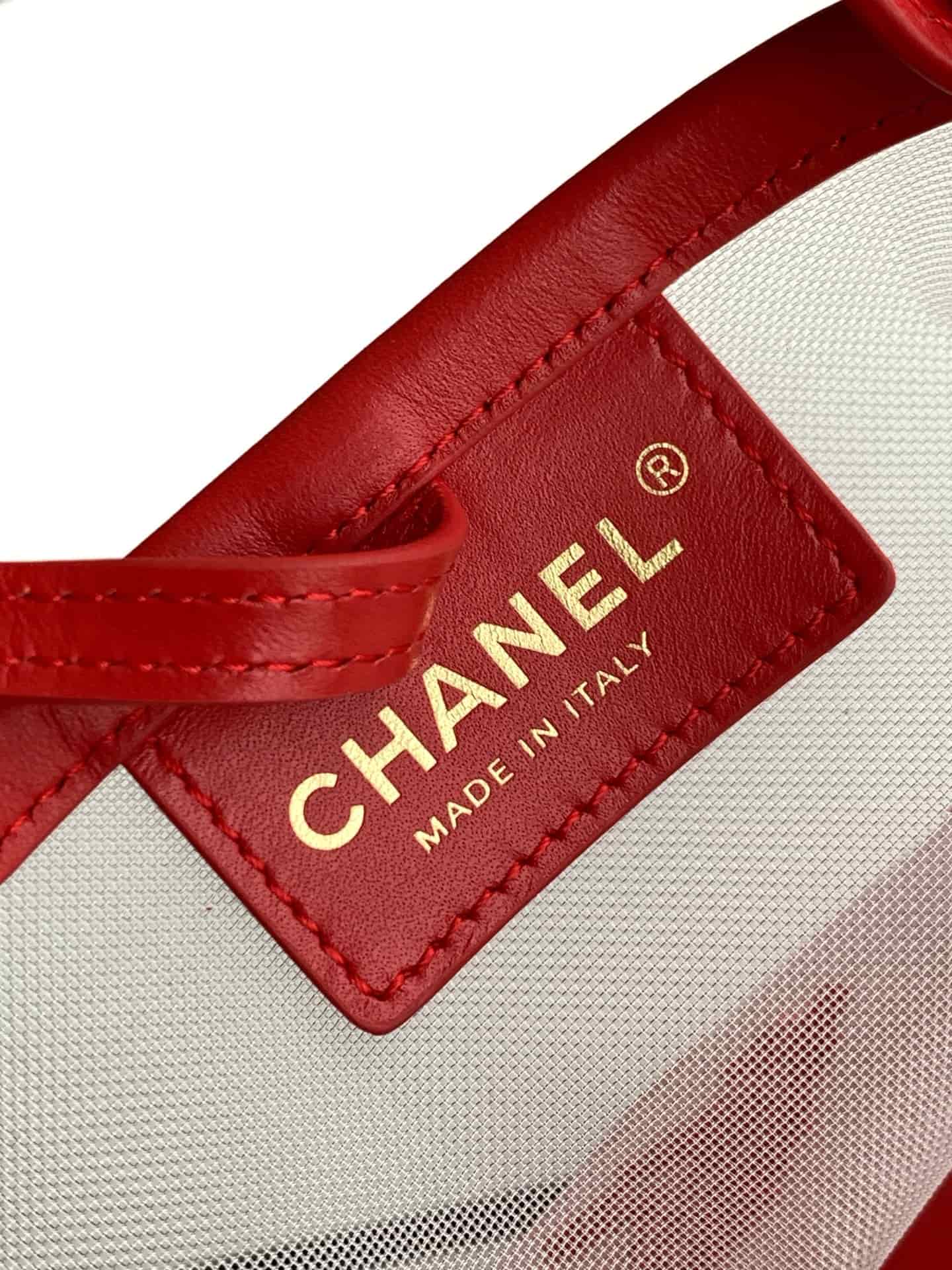 Chanel Coco Beach Large Bucket Bag Embroidered Mesh & Calfskin Transparent & Red AS6189 A