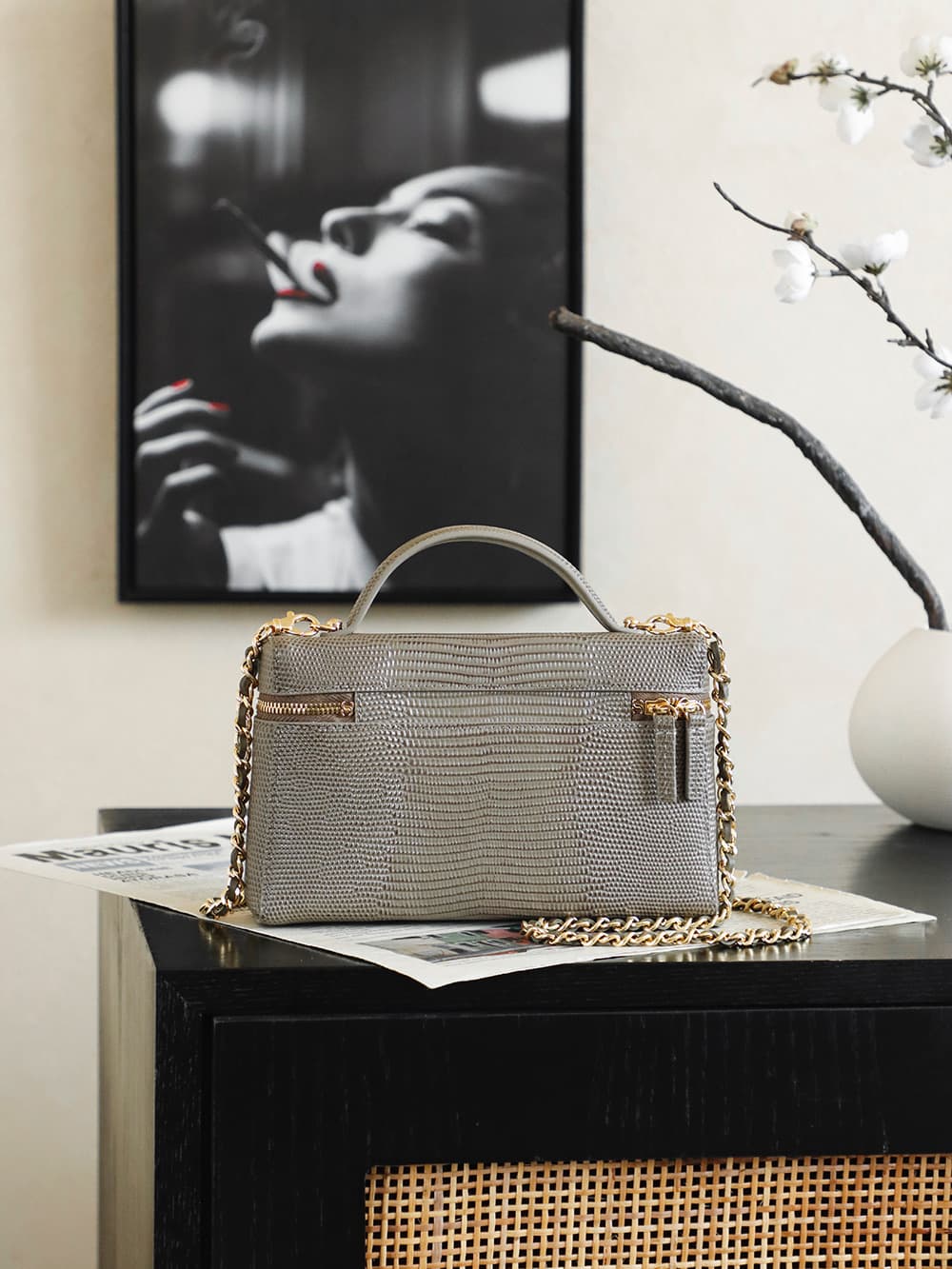 Chanel Small Vanity with chain Lizard Embossed Calfskin & Gold-Tone Metal Dark Khaki AS5195 A