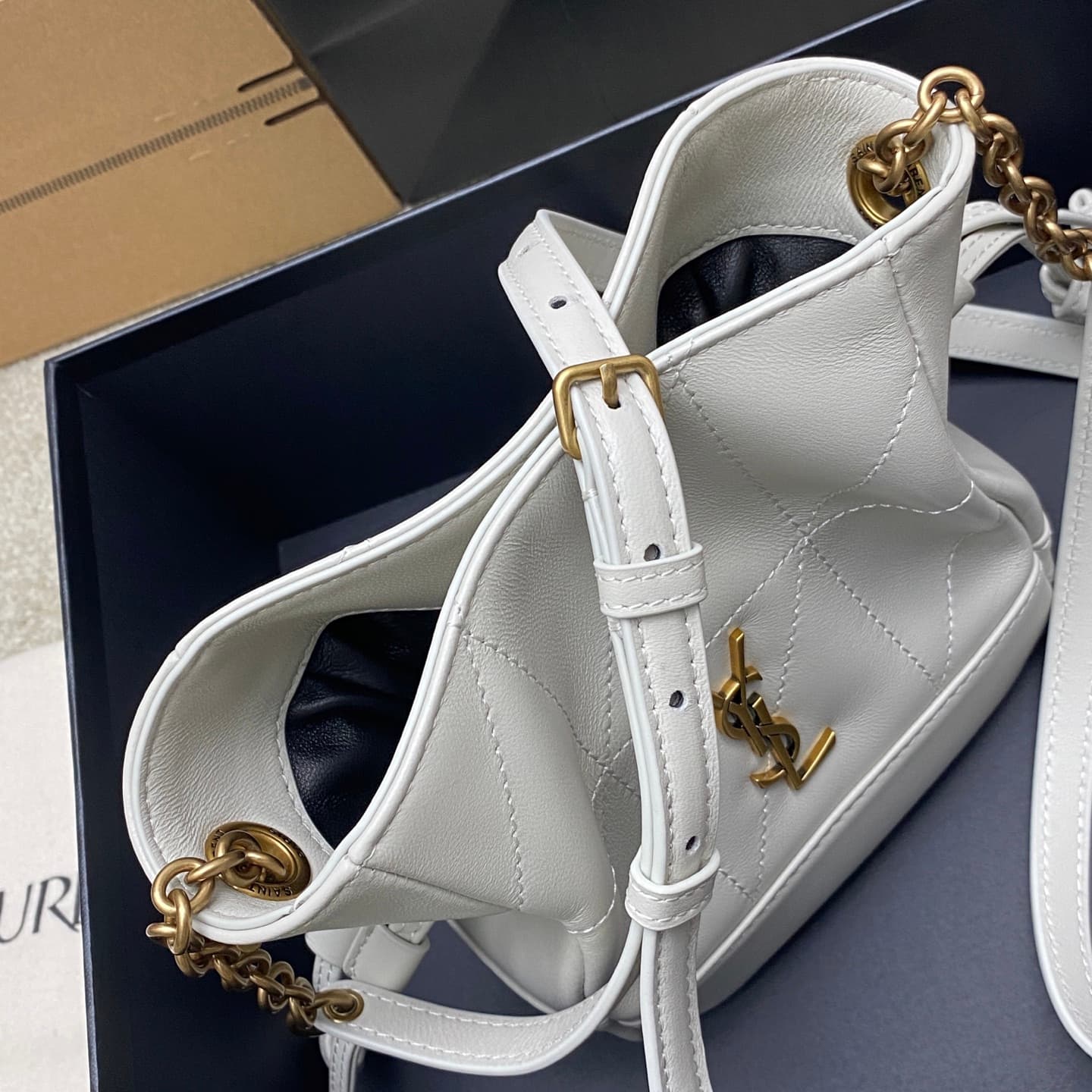 Saint Laurent Jamie Mini Leather Bucket Bag White Lambskin 859174 High