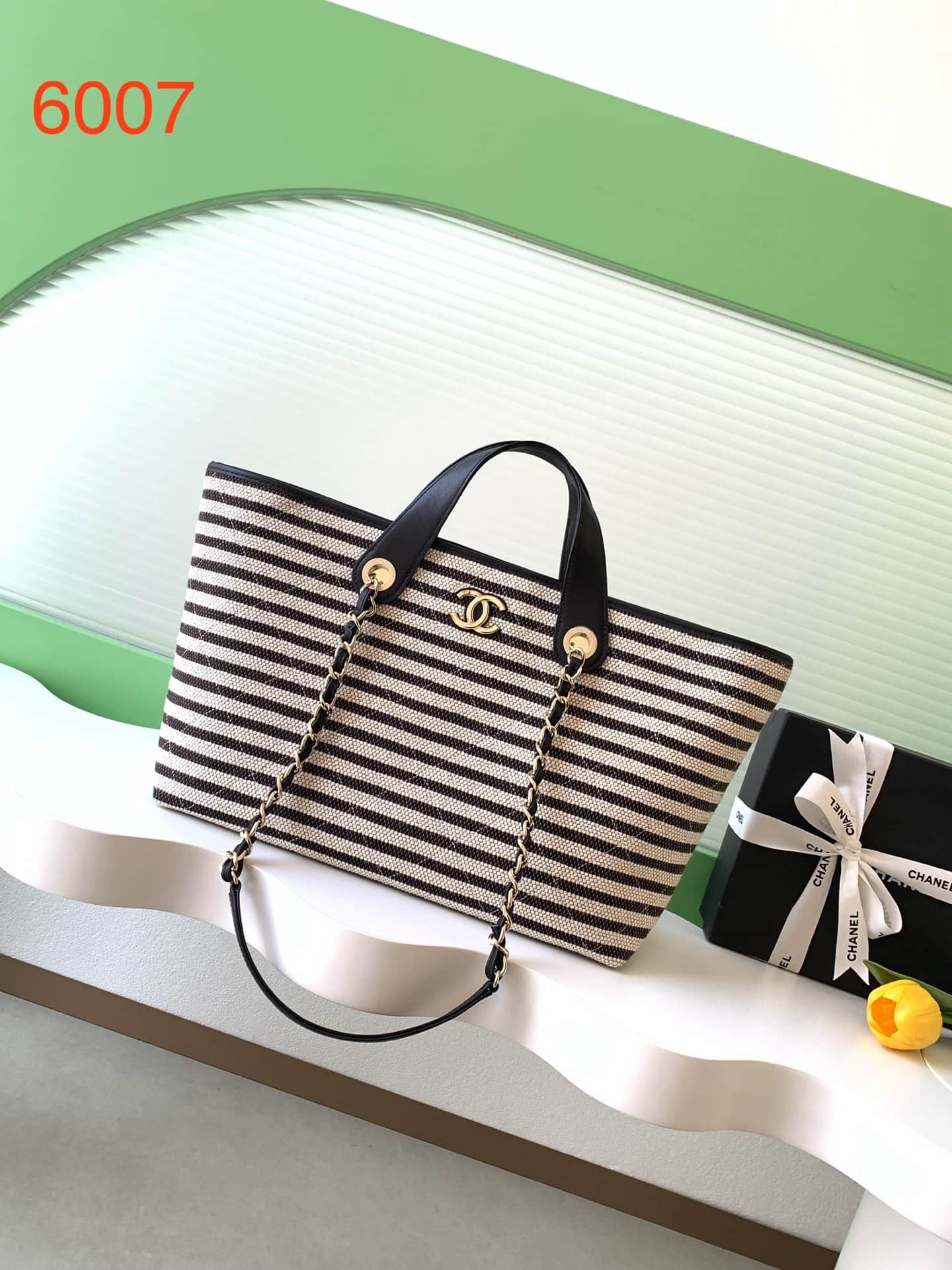 Chanel Deauville tote bag Striped canvas & Gold-Tone Metal Black AS6007 A