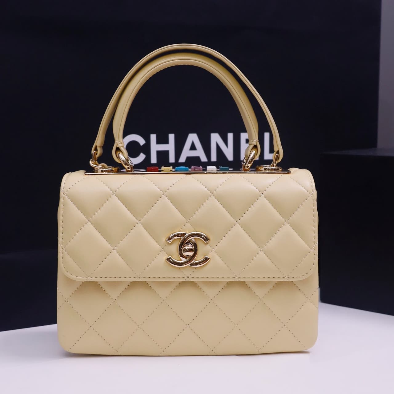 Chanel MINI FLAP BAG WITH TOP HANDLE AS4654 Lambskin &Gold-Tone Metal Light Yellow A