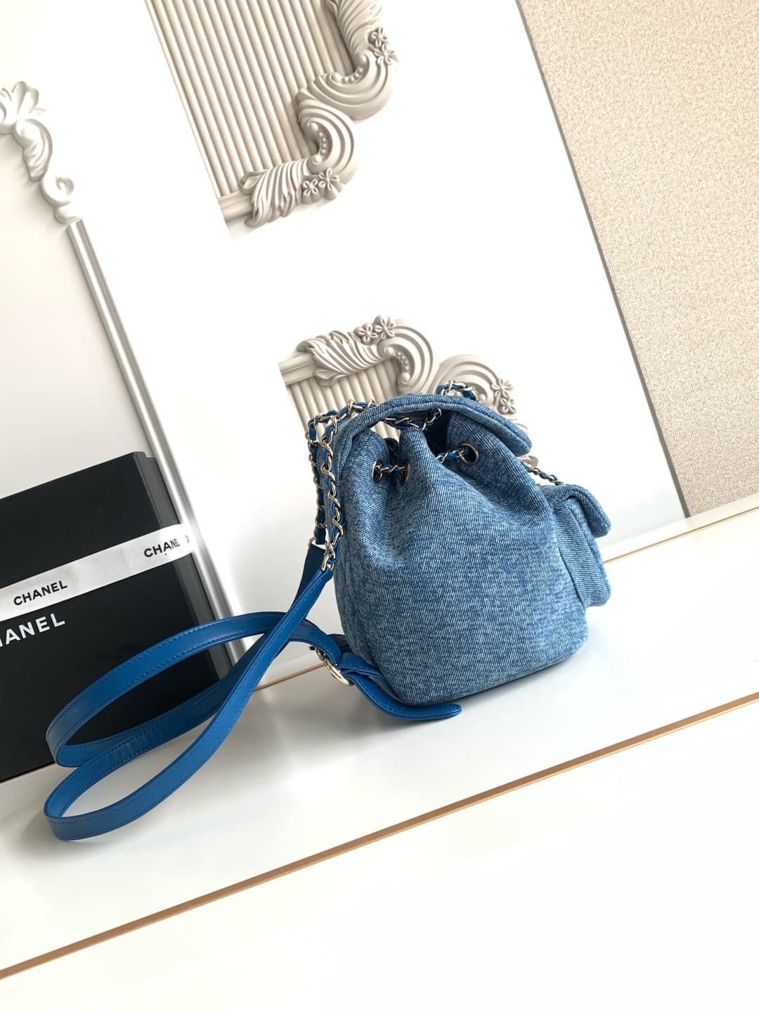 Chanel Small Backpack Washed Denim & Gold-Tone Metal Blue AS2908 A