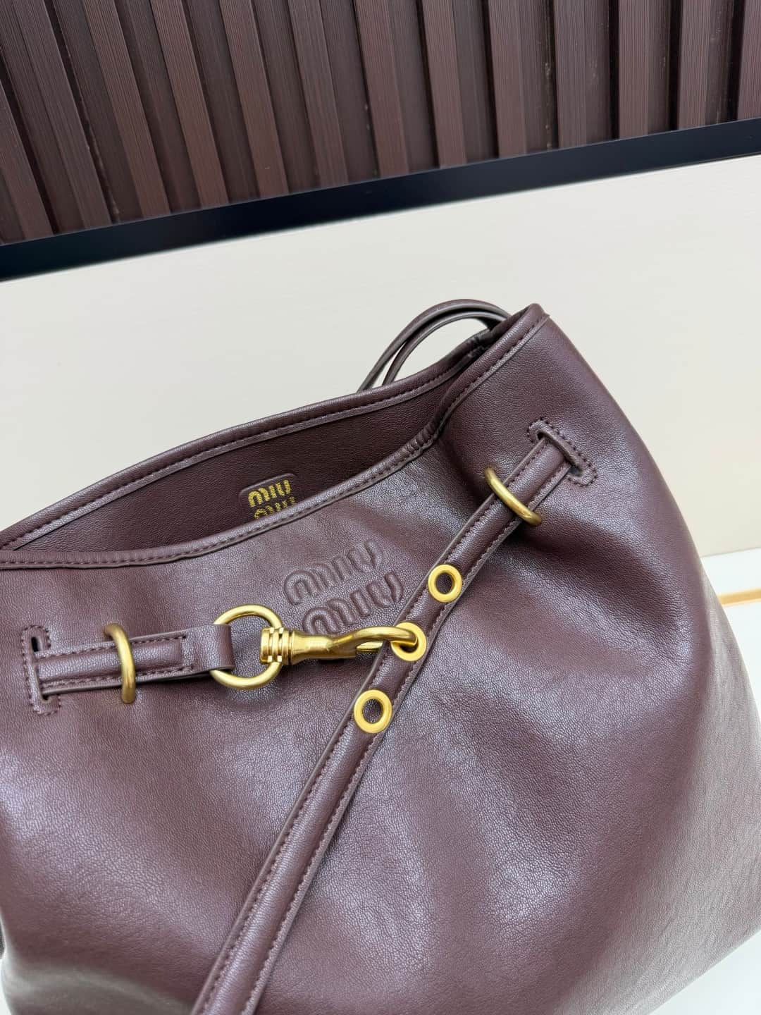 Miu Miu Aventure Calfskin Leather Bucket Bag Dark Brown High