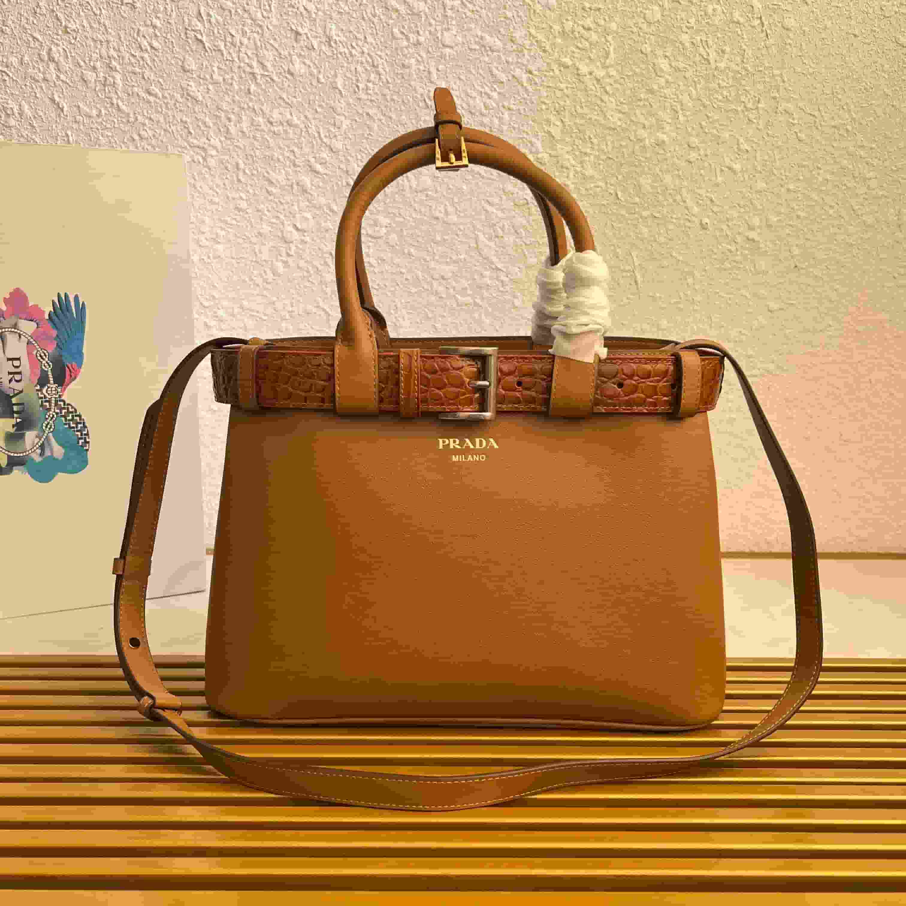Prada Buckle small leather handbag with Alligator leather belt 1BA434 Caramel High