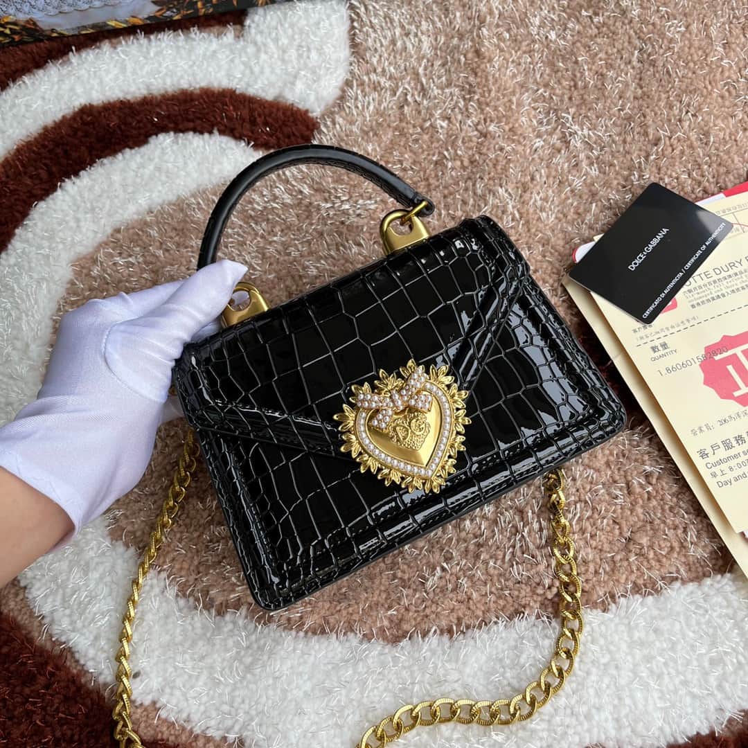 Dolce & Gabbana Small Devotion bag in crocodile-effect calfskin Black High