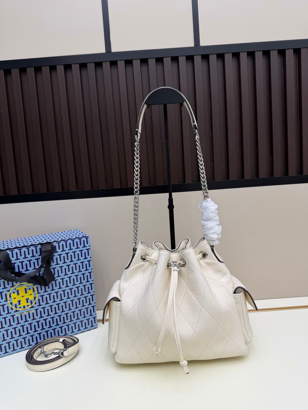 Tory Burch Charlie Quilted Drawstring Shoulder Bag White Leather High