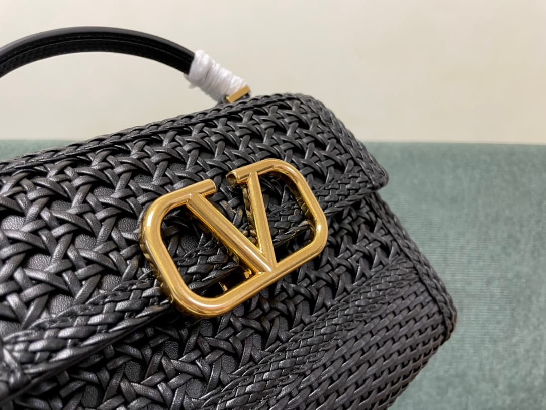 Valentino Garavani VSLING Mini Metallic Woven Top-Handle Bag Black High