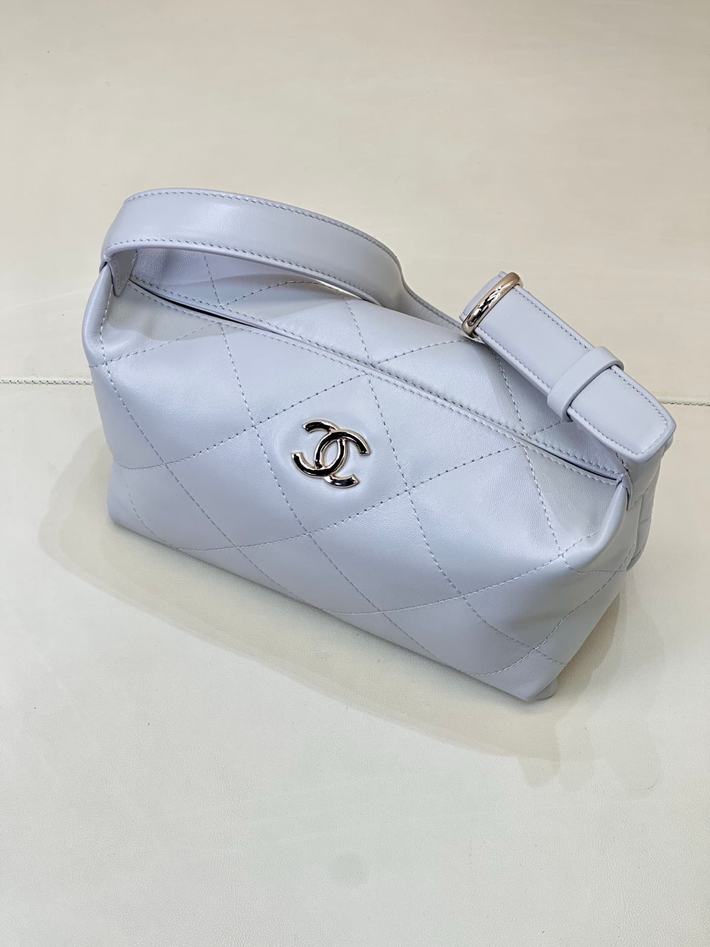 Chanel Hobo Bag Shiny Lambskin & Gold-Tone Metal AS6138 Light Blue TOP