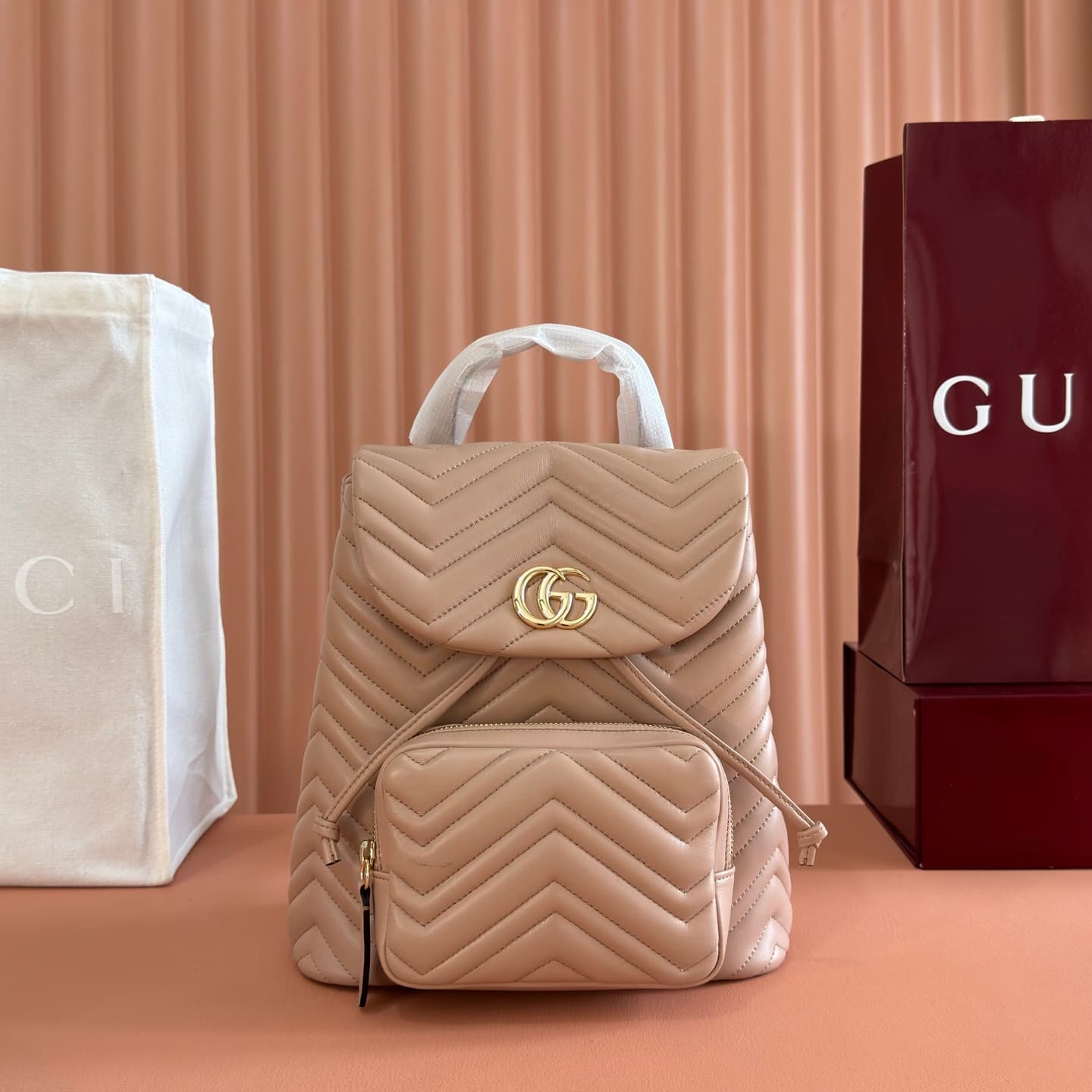 Gucci GG Marmont Small Backpack Beige Matelassé Chevron Nappa Leather 861878  High