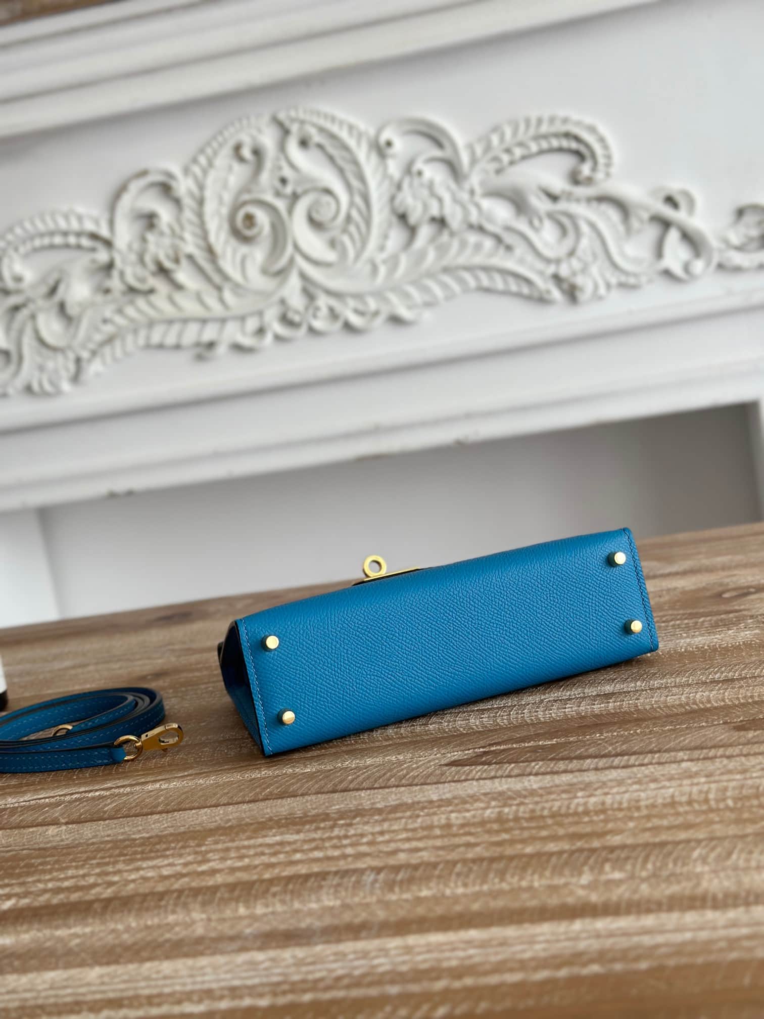 Hermes Kelly Mini II Bag Epsom Leather WAX Bleu Zanzibar High