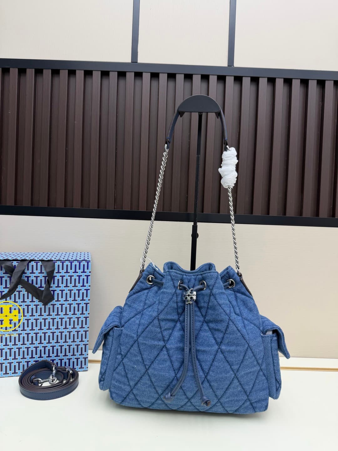 Tory Burch Charlie Quilted Denim Drawstring Shoulder Bag High
