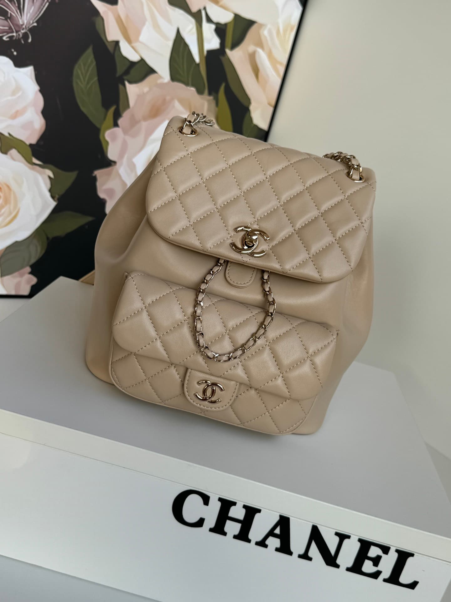 Chanel Medium Quilted Duma Backpack Lambskin AS3618 Beige A