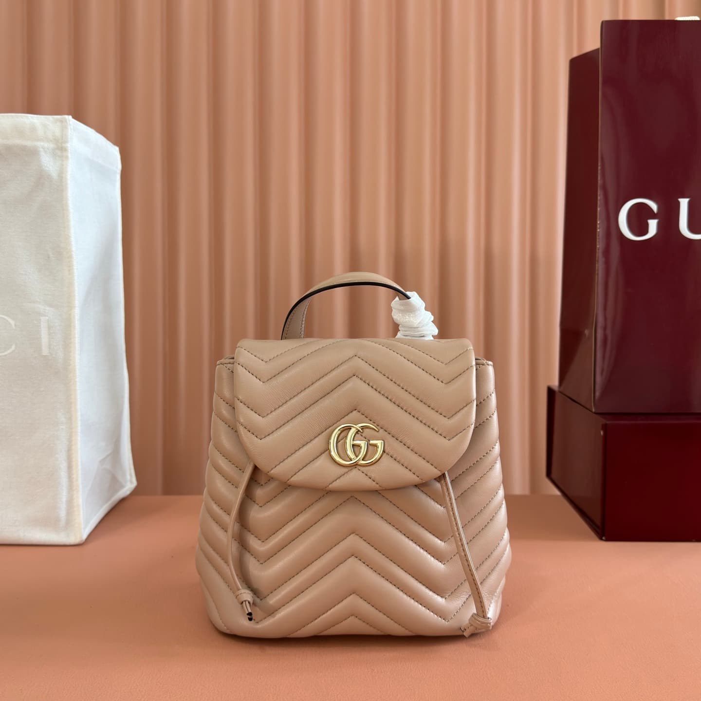Gucci GG Marmont Mini Backpack Beige Matelassé Chevron Nappa Leather 855921 High