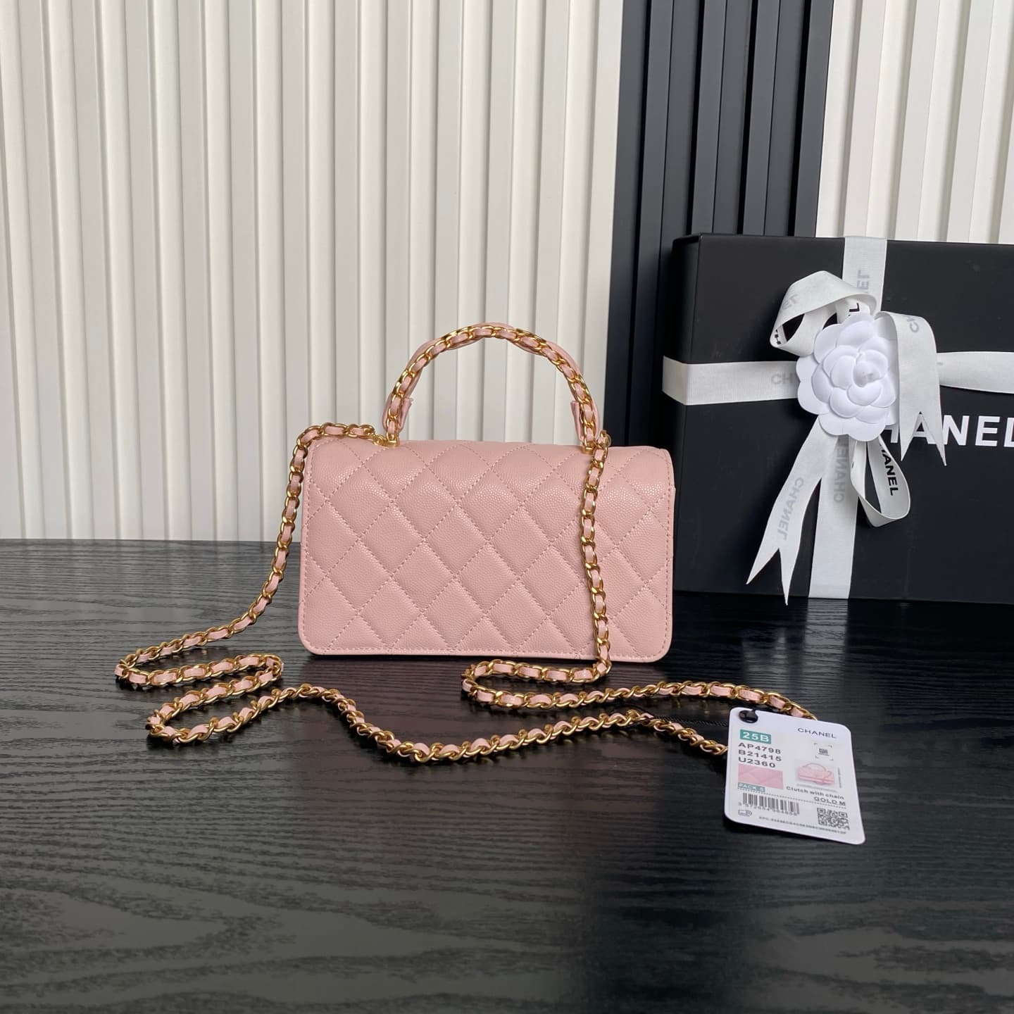 Chanel Mini Flap Bag with Top Handle Grained Shiny Calfskin & Gold-Tone Metal Pink AP4798 A