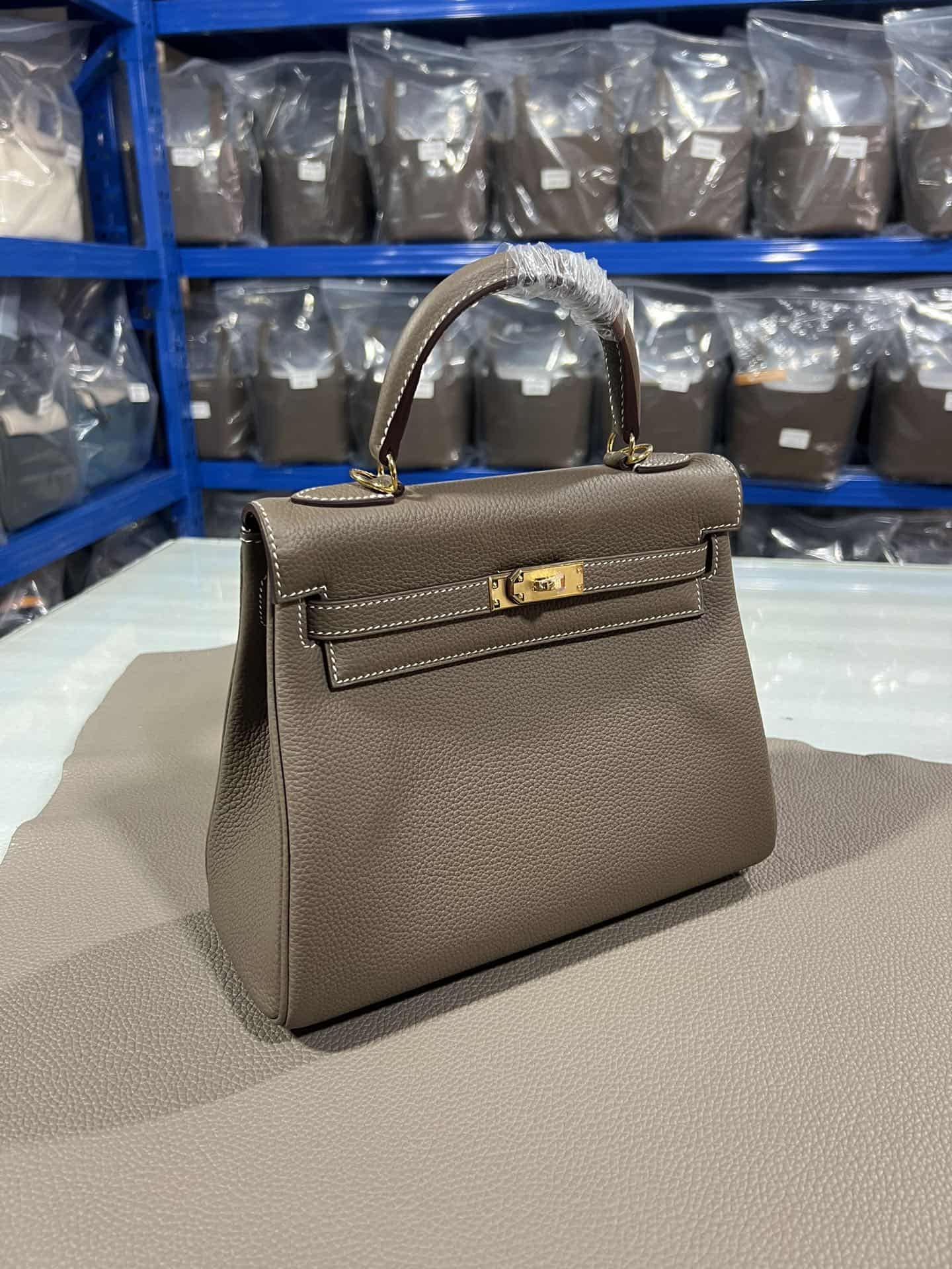 Hermes Kelly 25/28/32cm Retourne Bag Togo Leather In Etoupe WAX High