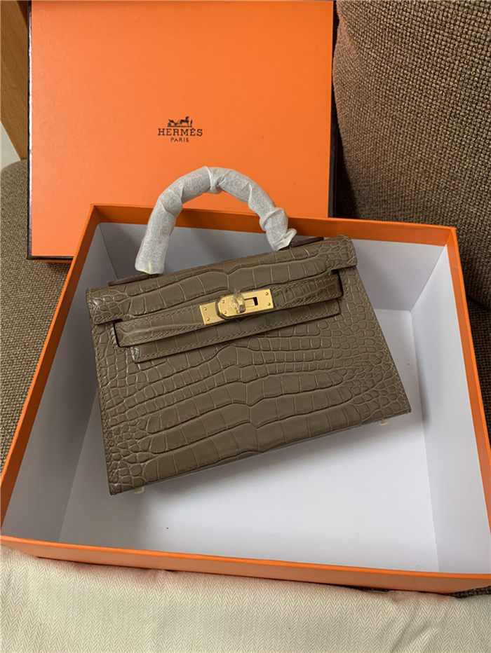Hermes Kelly Mini II Bag Embossed Crocodile Leather WAX Silver/Gold Metal High Customizing style