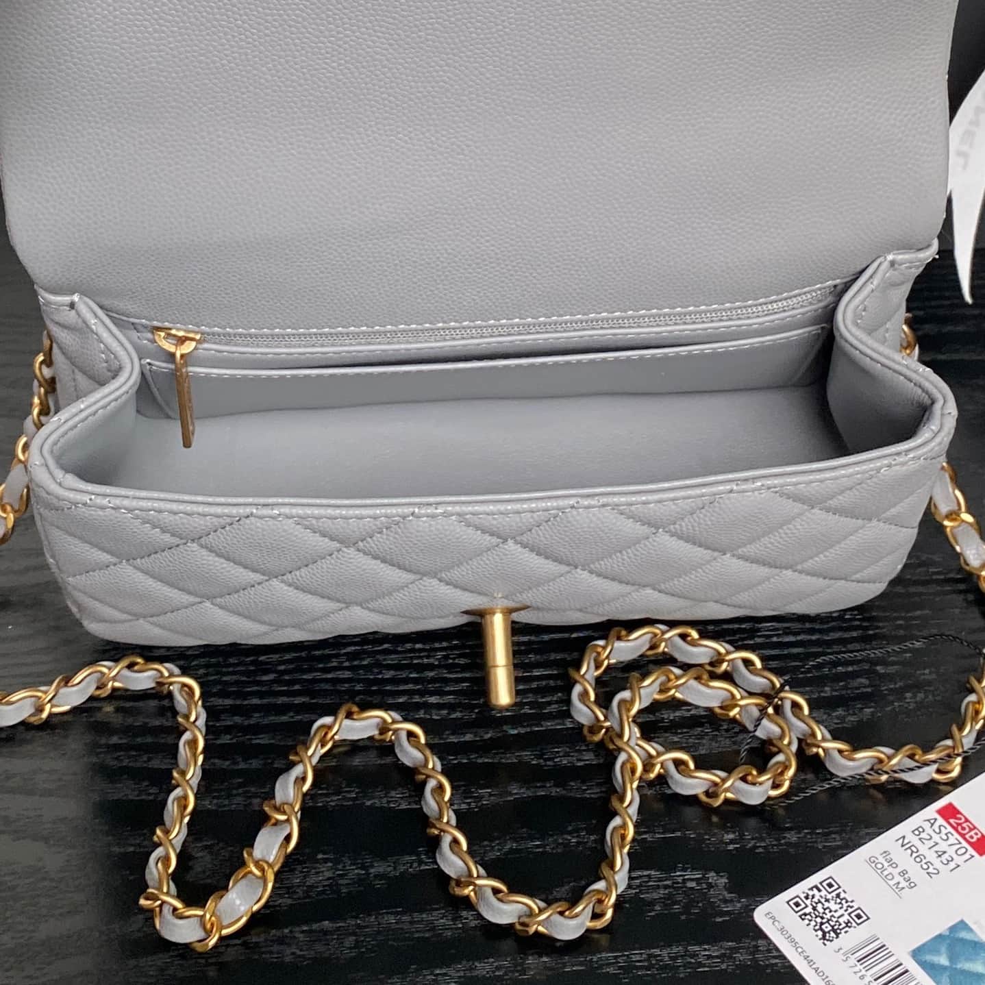 Chanel Mini Flap Bag with Top Handle Grained Shiny Calfskin &  Gold-Tone Metal Grey AS5702 A