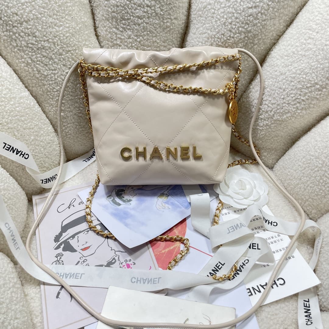 Chanel 22 MINI HANDBAG Shiny Calfskin Cream & Gold-Tone Metal AS3980 High