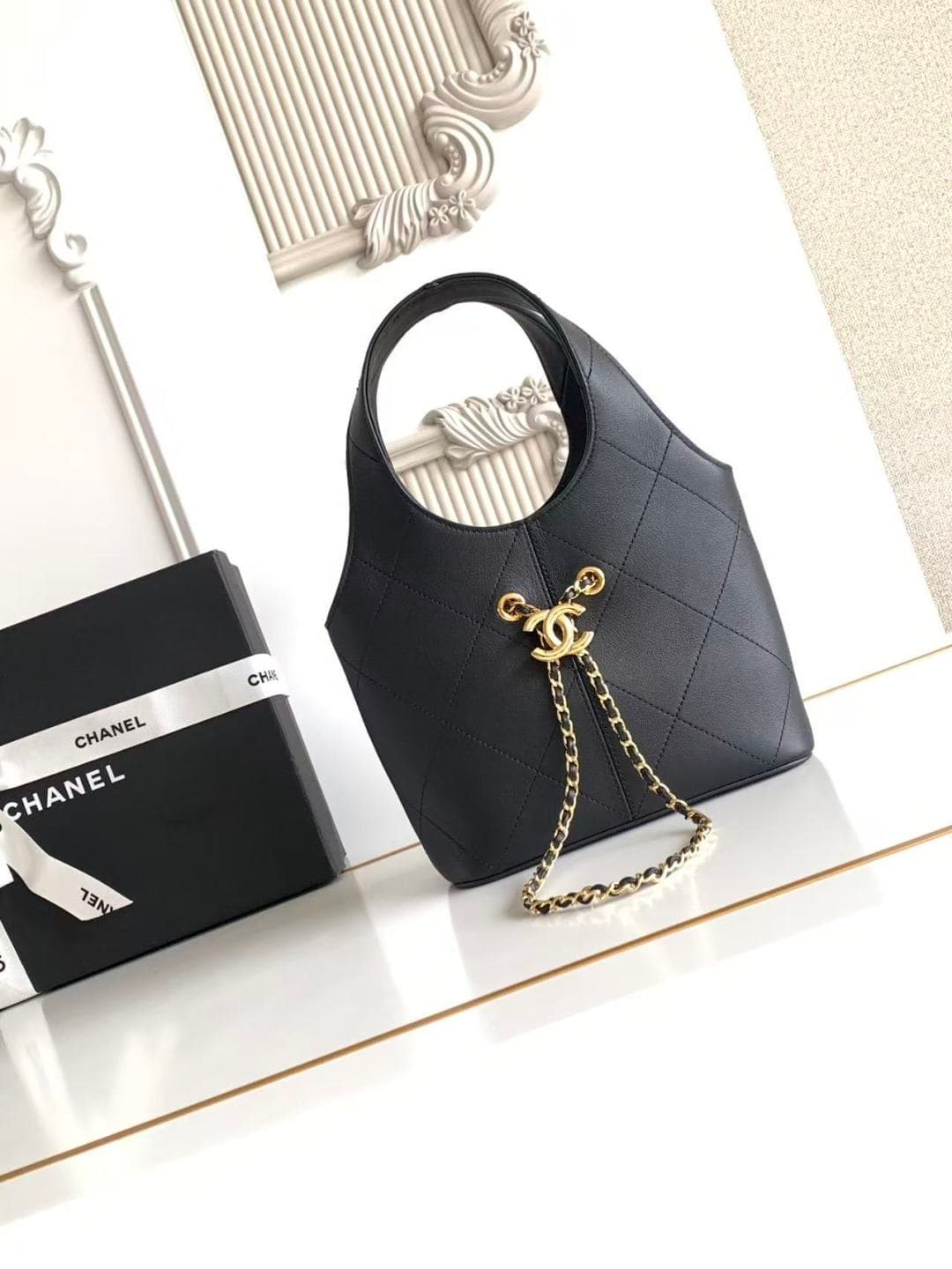 Chanel Small Shopping Bag Black Leather & Gold-Tone Metal AS6132 A